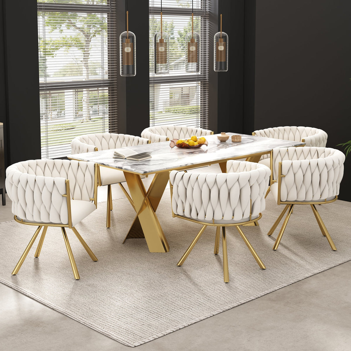 Velvet Swivel Chair Set of 6 Metal Legs - Beige and Gold