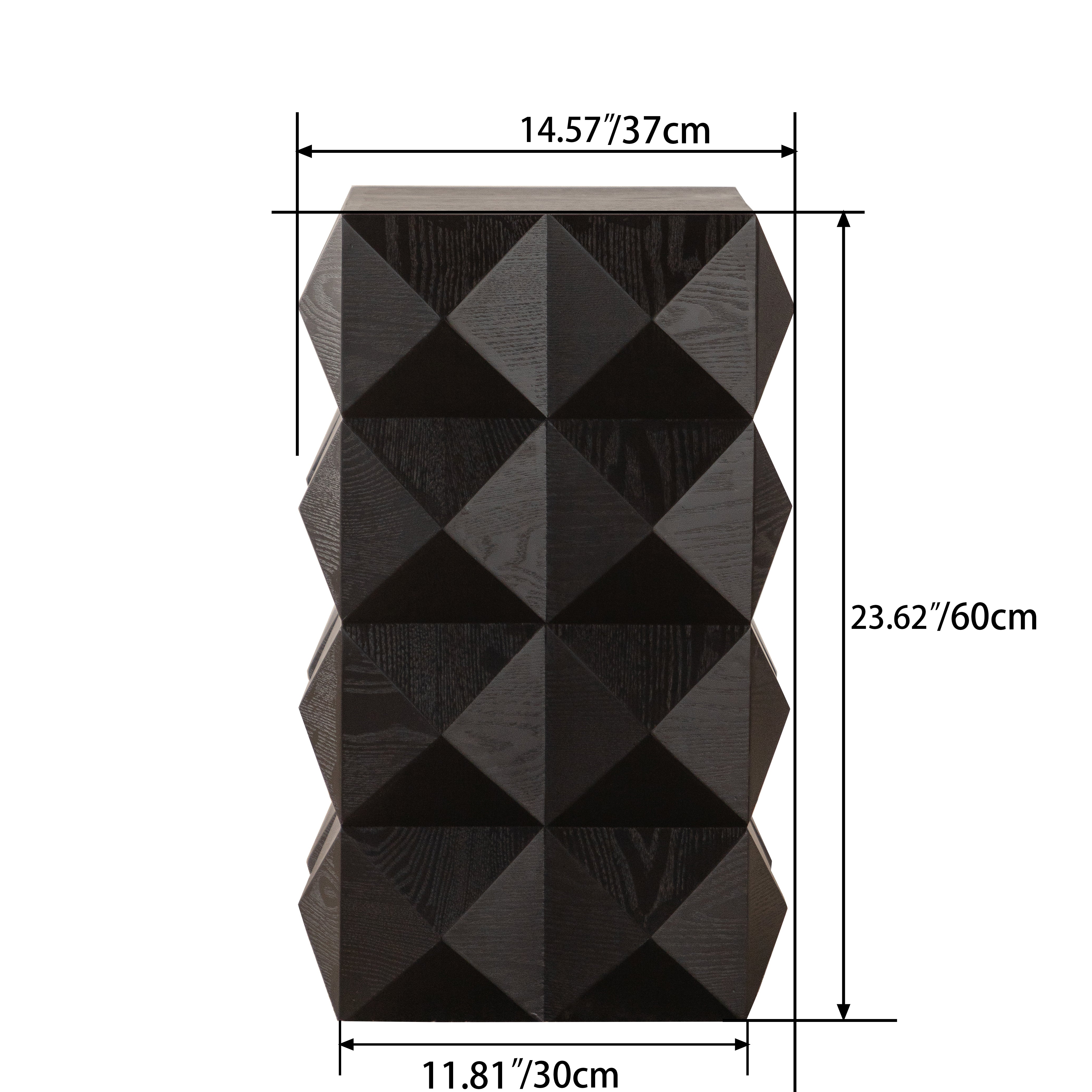 Retro Side Table - 60CM Height, Embossed Pattern, Wooden, Black