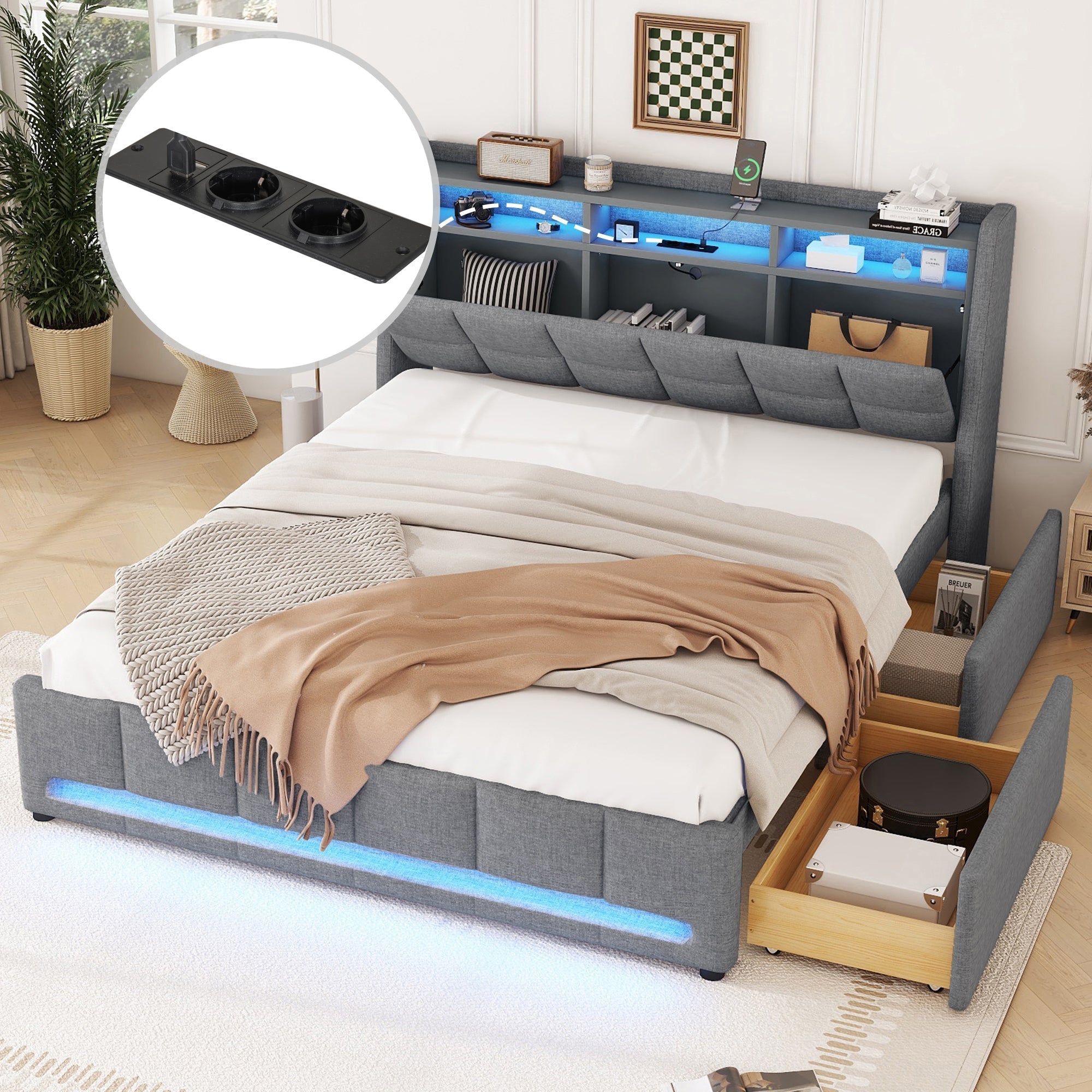 Upholstered Bed 140x200cm LED Light, Drawers, USB/Socket, Built-in Storage - Linen Grey
