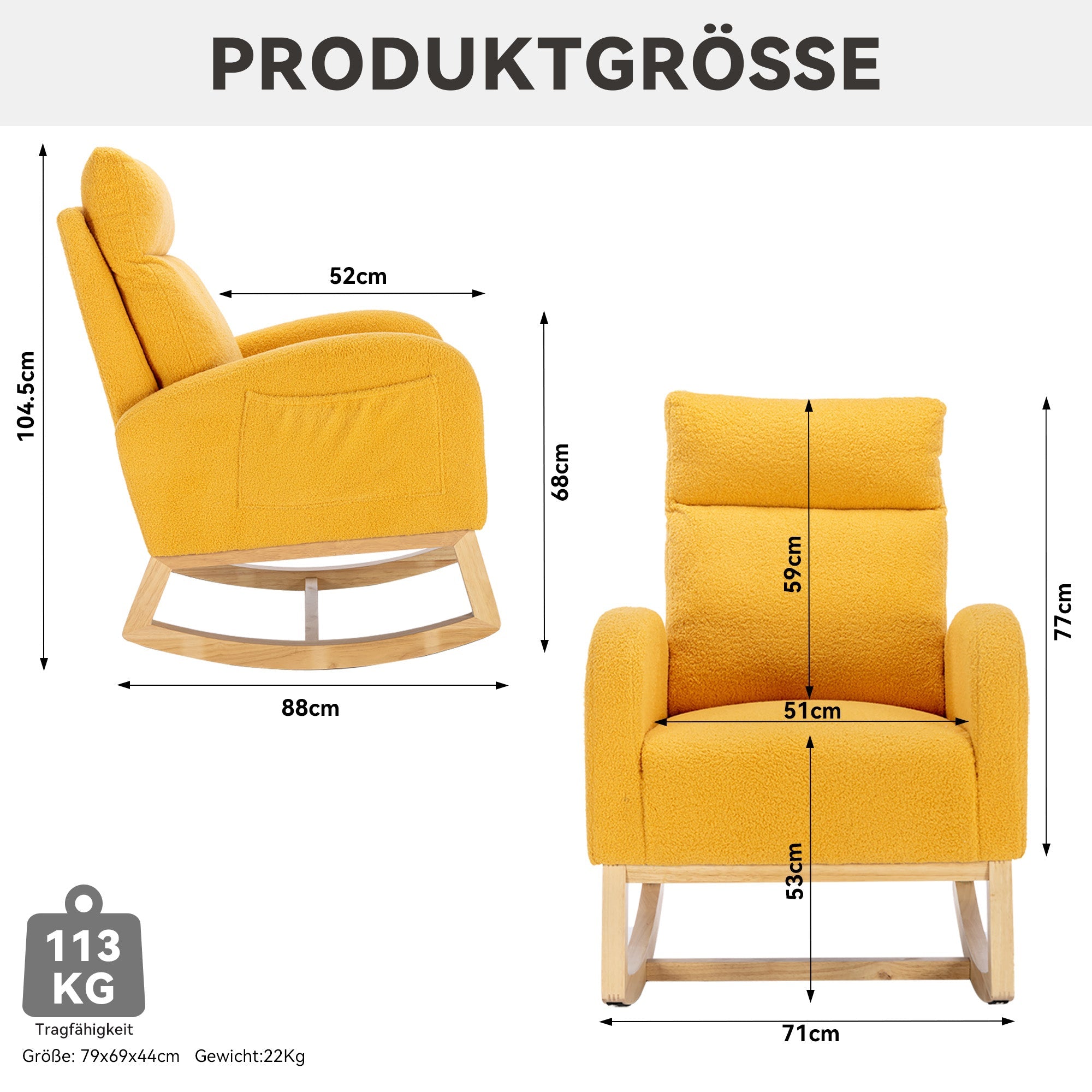 Rocking Chair, Mid-century Modern Upholstered with Padded Seat, Yellow