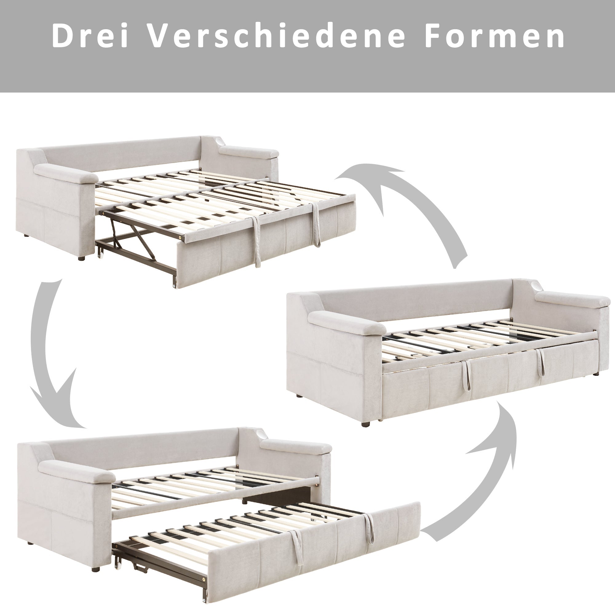 Sofa Bed, 90/180*190cm, Bluetooth, USB, Storage, Slatted Frame, Velvet Beige