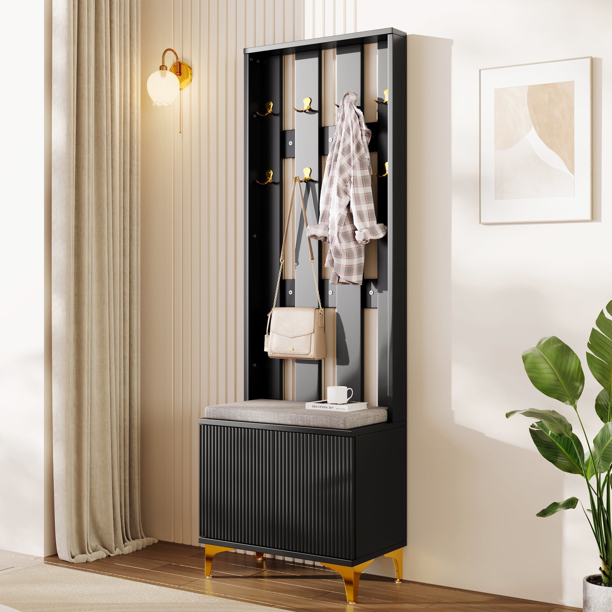 Wardrobe set with shoe bench and cushion and hooks