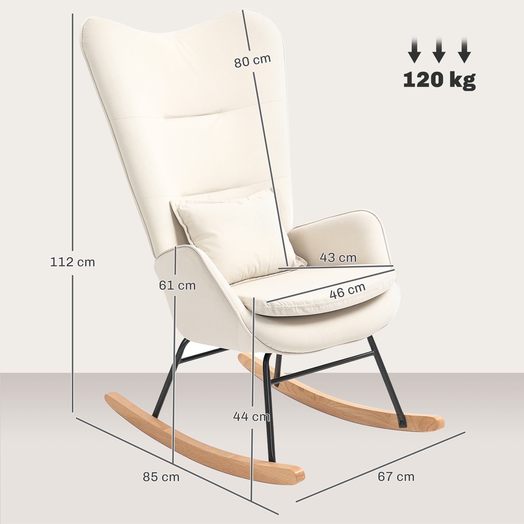 Rocking Chair, Armrests, Velvet, Cream White