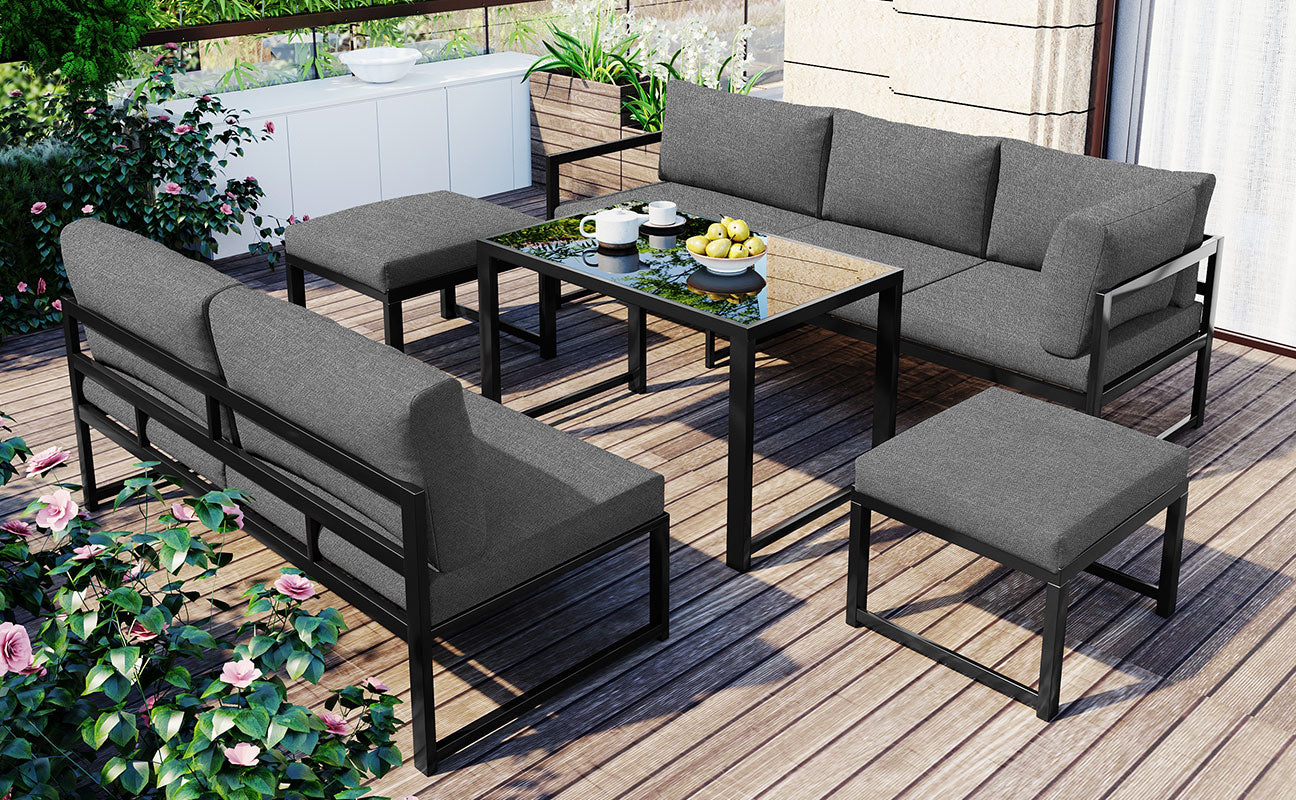 Garden Lounge Chair Set Aluminum 4-Way Reclining Adjustable Backrest with Cushions - Grey