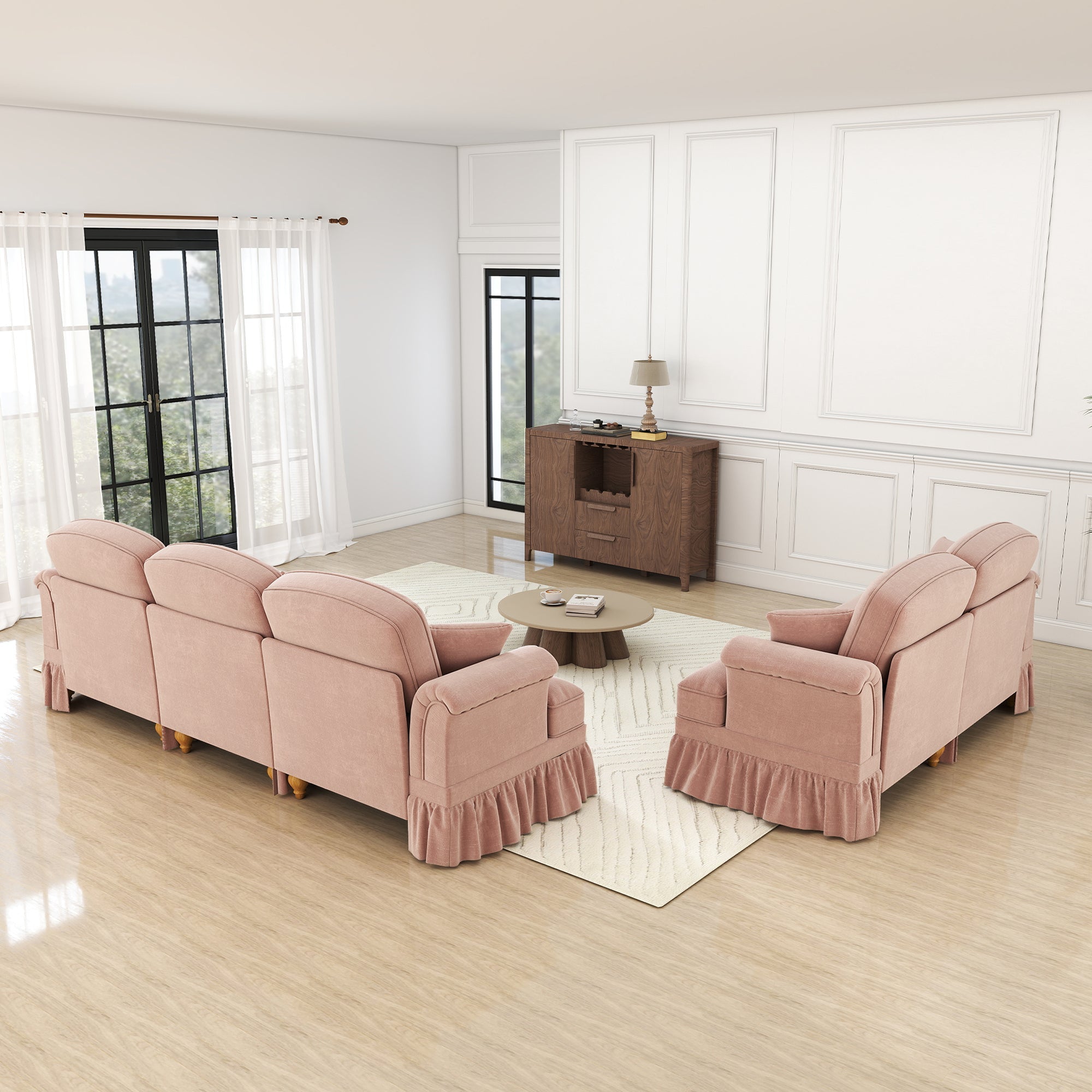 Classic 2-Piece Modular Sofa Set 3-Seater & 2-Seater Removable Ruffled Apron - Chenille Pink