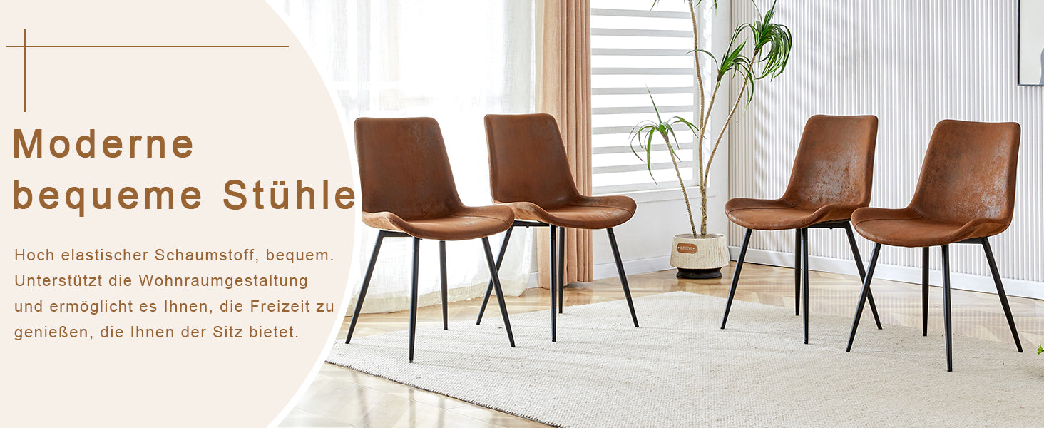 Dining Chairs Set of 4 Widened Seat Metal Legs - Brown Tech-Fabric