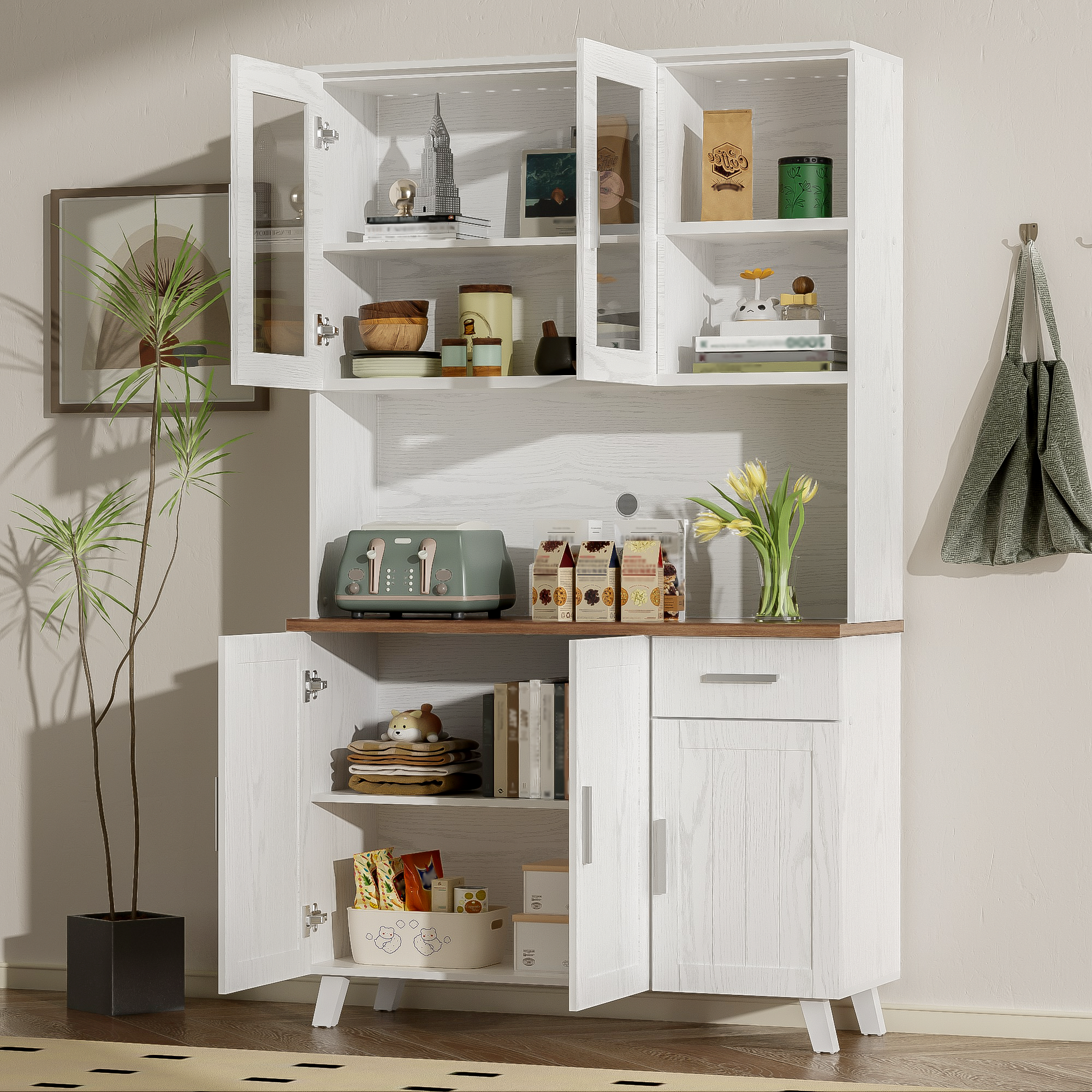 Sideboard, Tall Cabinet with Glass Panels, White Wood Grain