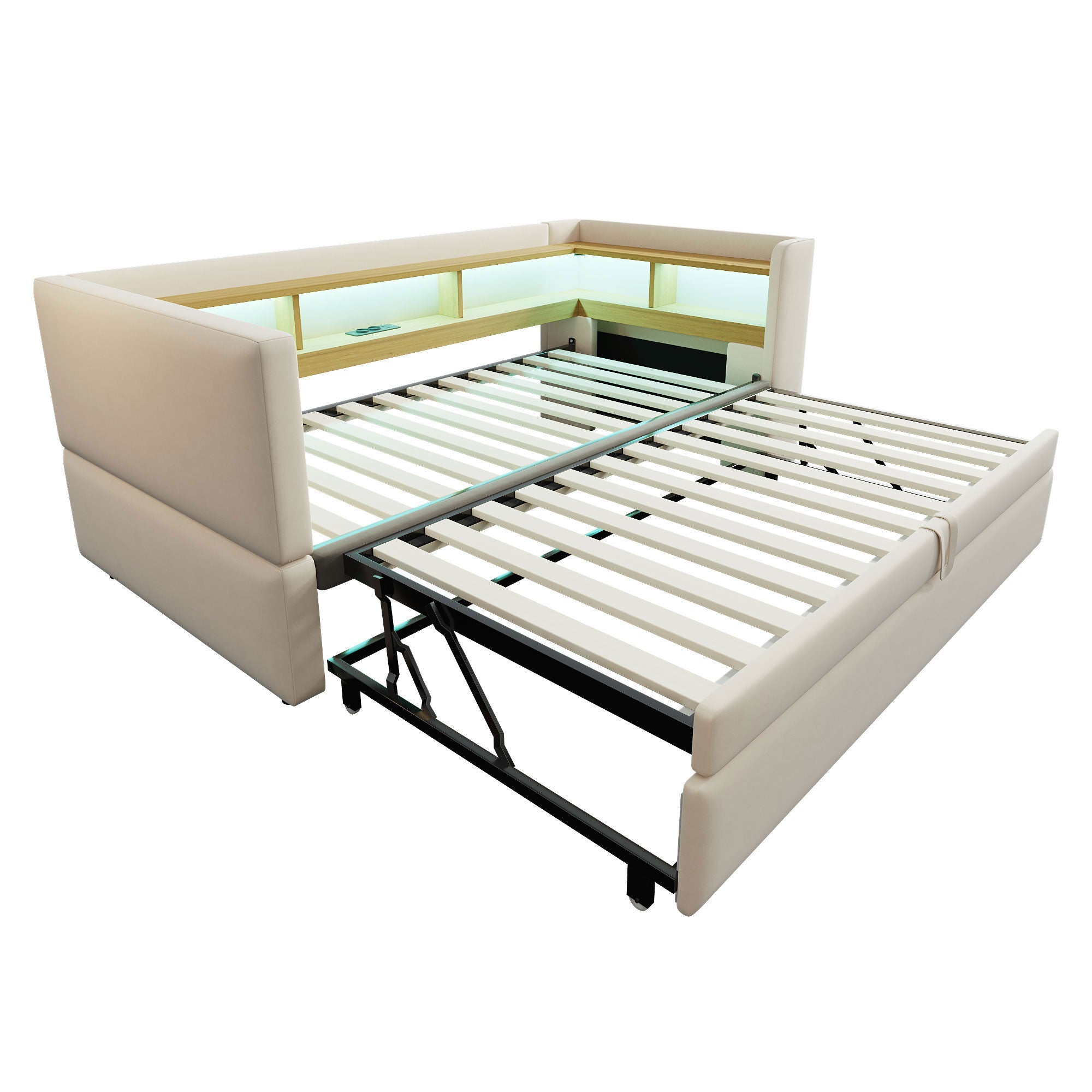Multi-Functional Sofa Bed with Storage, LED Lighting & USB/Power Outlets, Beige