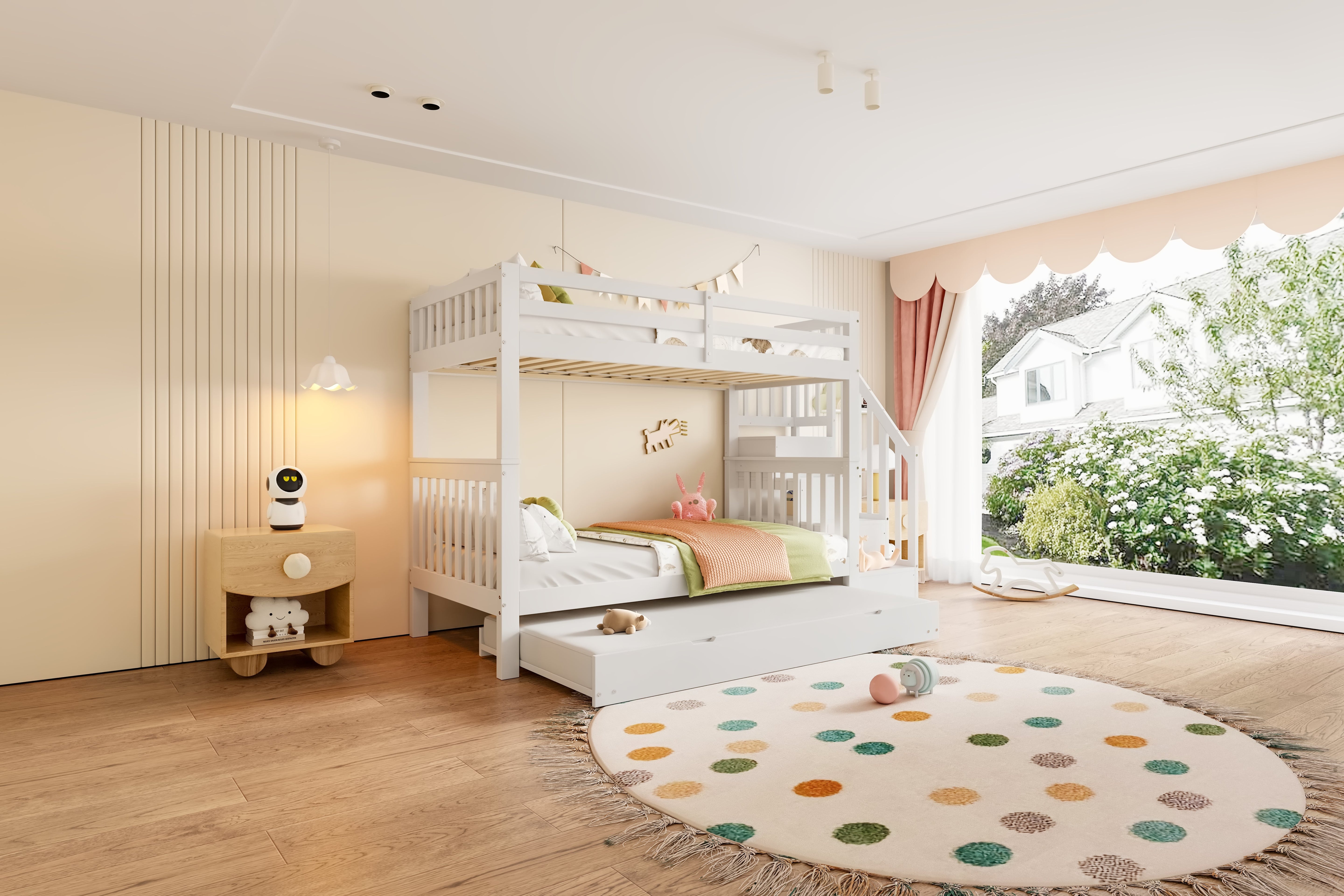 Bunk Bed with Staircase Storage and Pull-out Trundle, 90x200cm, White Pine and MDF