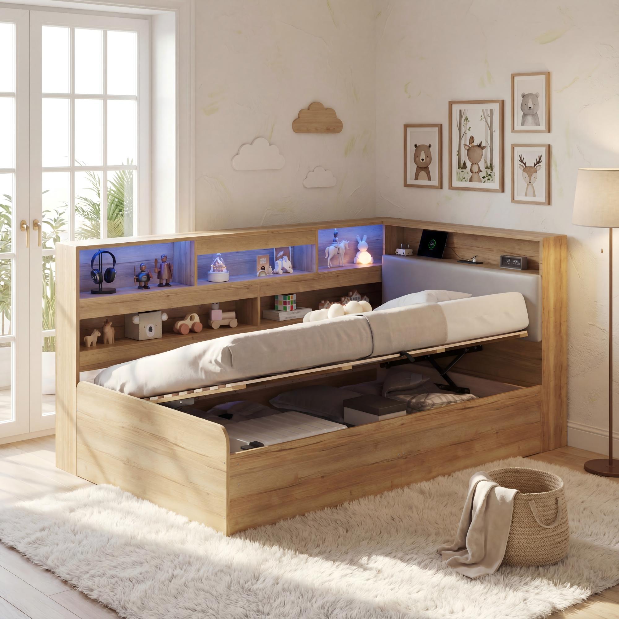 Daybed with Hydraulic Storage, USB Charging and LED Lighting, 90x200cm, Natural Wood