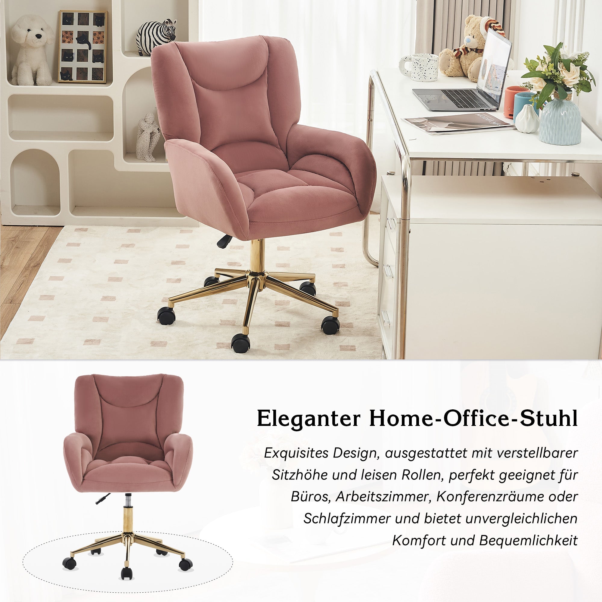 005 Swivel Chair Height-Adjustable Home Office Gold Legs, Velvet Pink