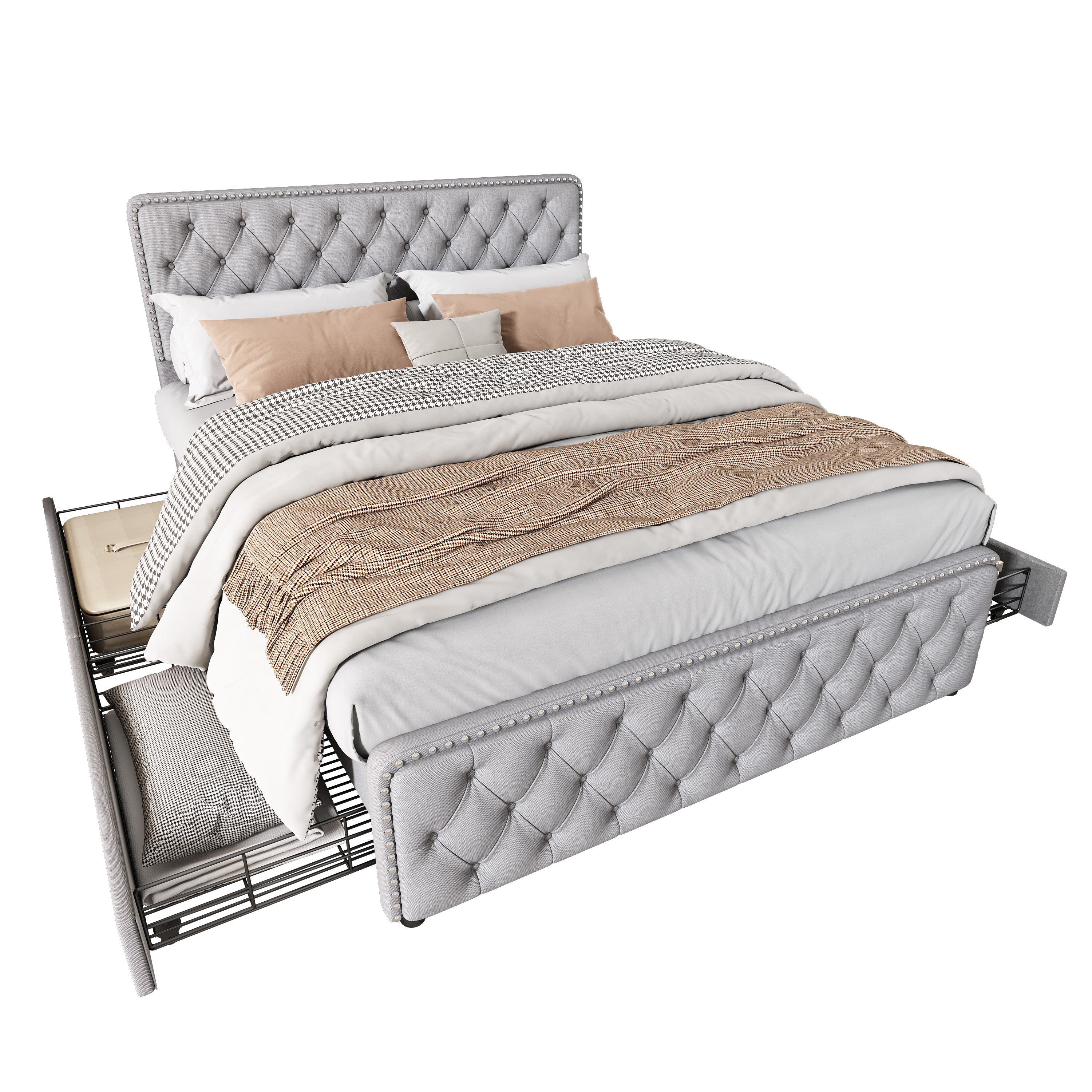 Upholstered Double Bed with 4 Drawers and Height-Adjustable Headboard, 140x190cm, Light Grey Linen