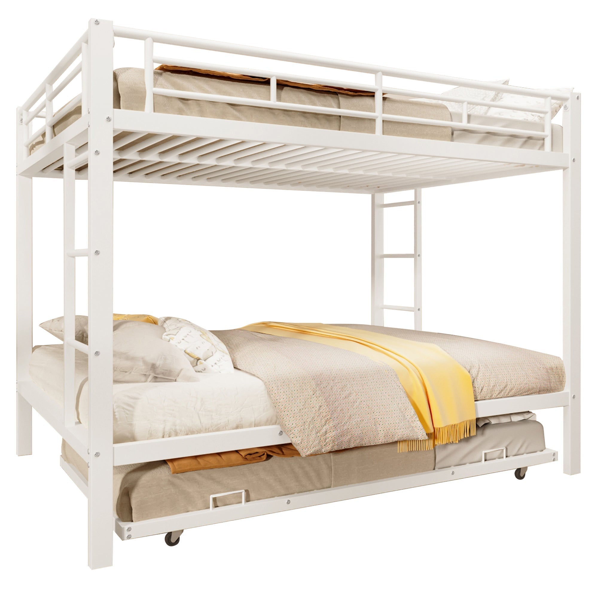 Bunk Bed with Pull-Out Bed and High Railings, 140x200cm Iron Frame, White