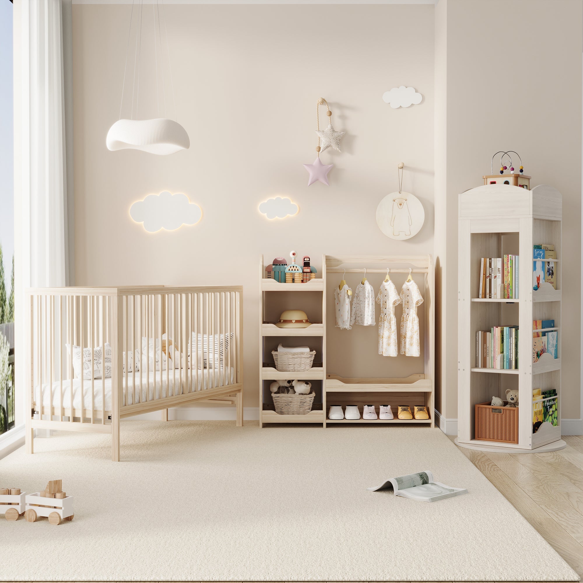 Children's Wardrobe Freestanding with Clothes Rail & 4 Shelves, Natural Wood