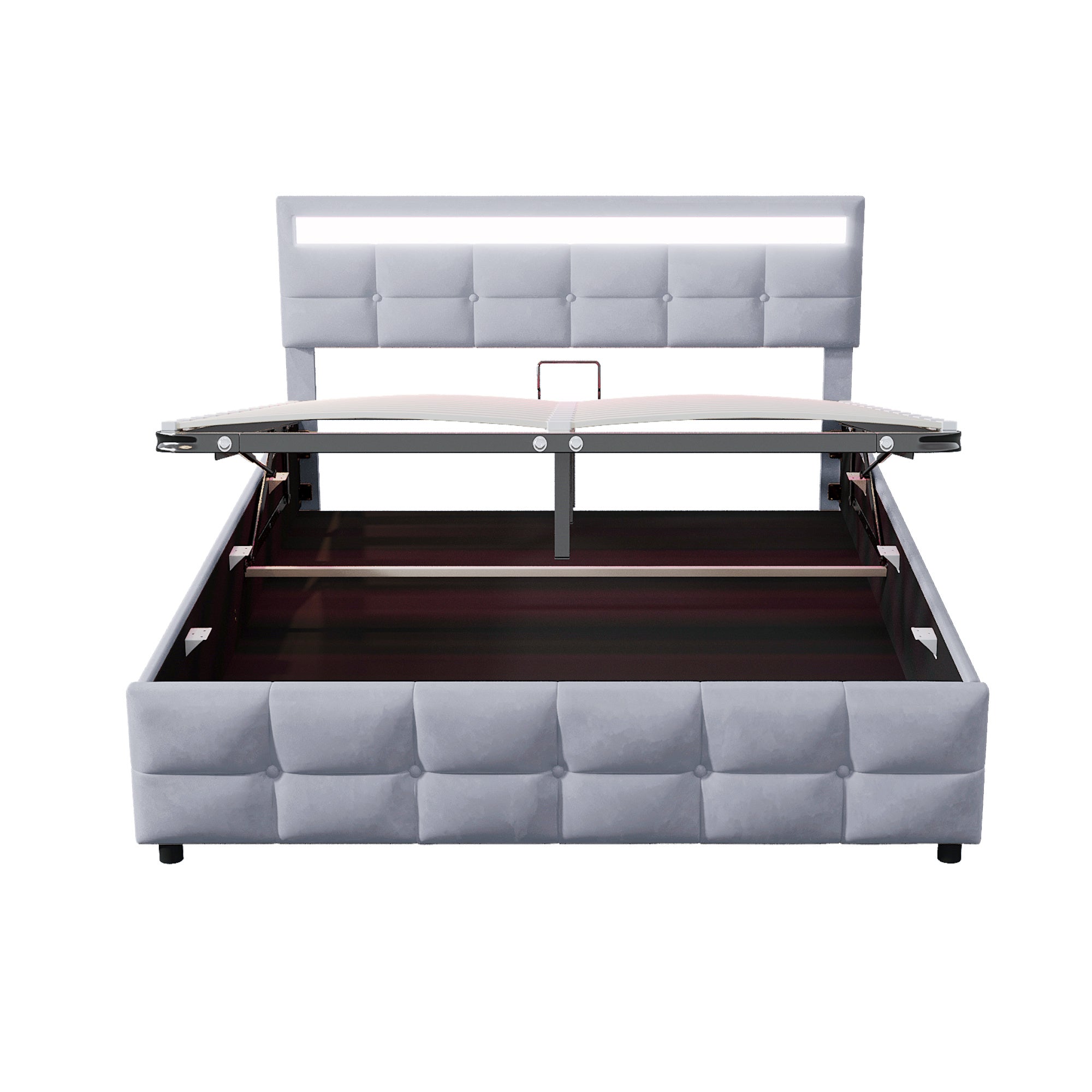 Upholstered Bed with LED Lights, Slatted Frame, Hydraulic, Dutch Velvet Fabric, Grey