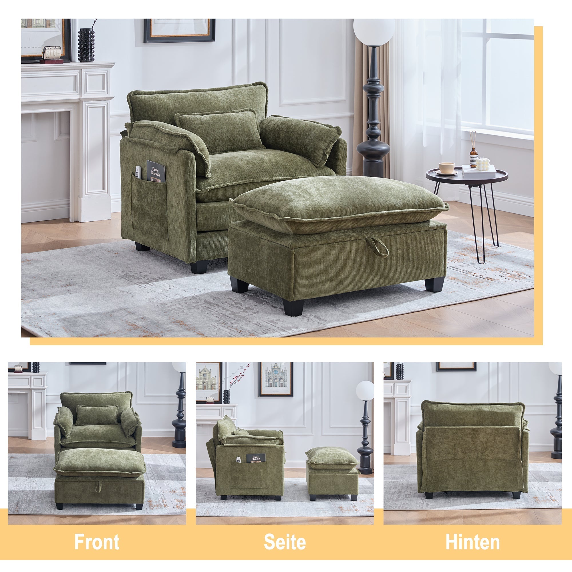 Armchair, Oversized with Footrest, Stool, Side Pockets, Cushions - Velvet