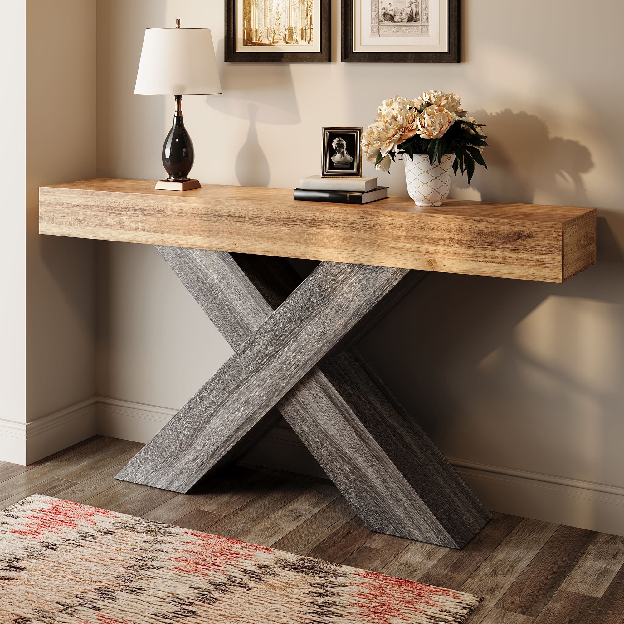 Console Table with X-shaped Legs, Narrow Design for Hallway and Living Room, Wood Look Chipboard