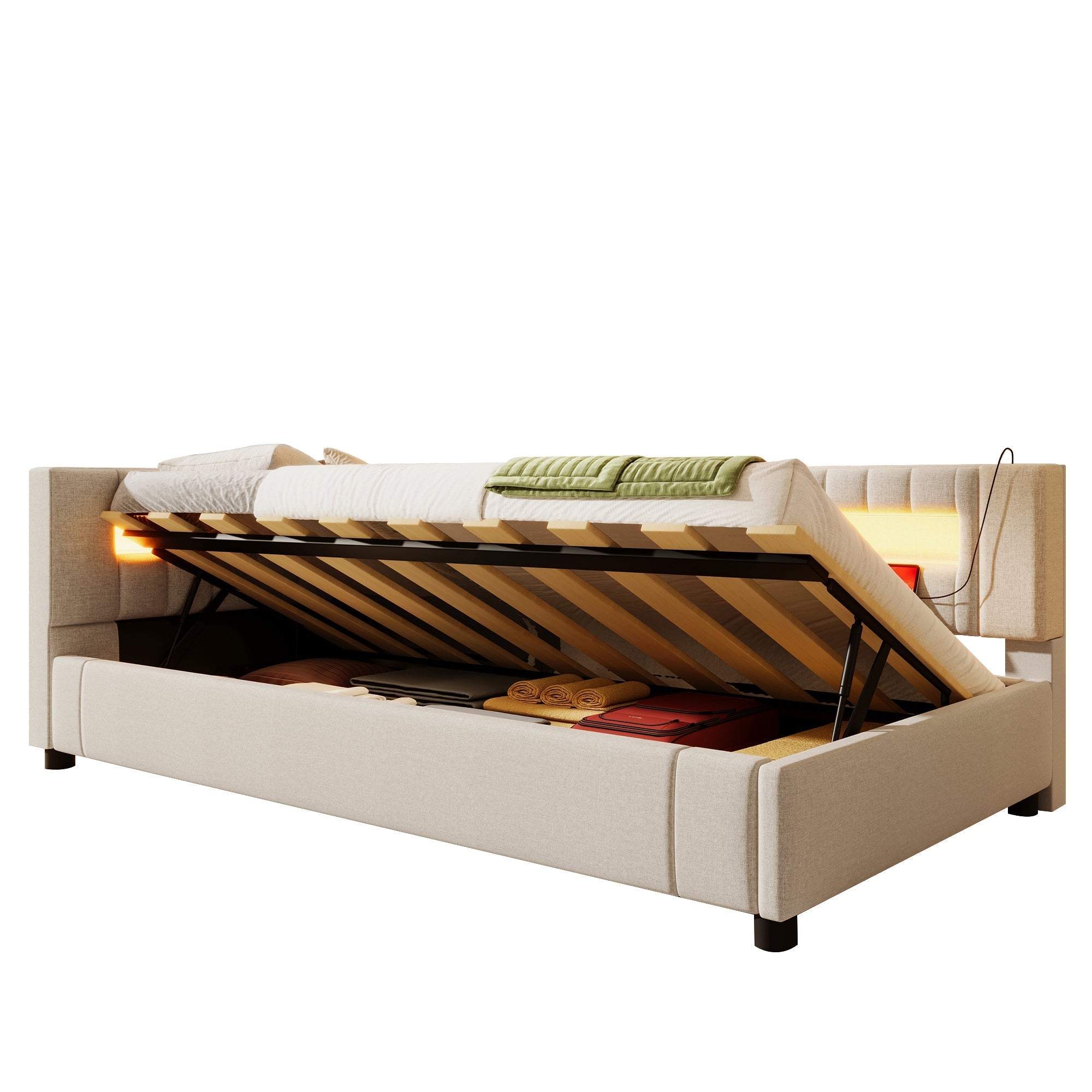 Daybed Sofa Bed 90x200cm Hydraulic Storage LED USB/Type-C - Linen Beige