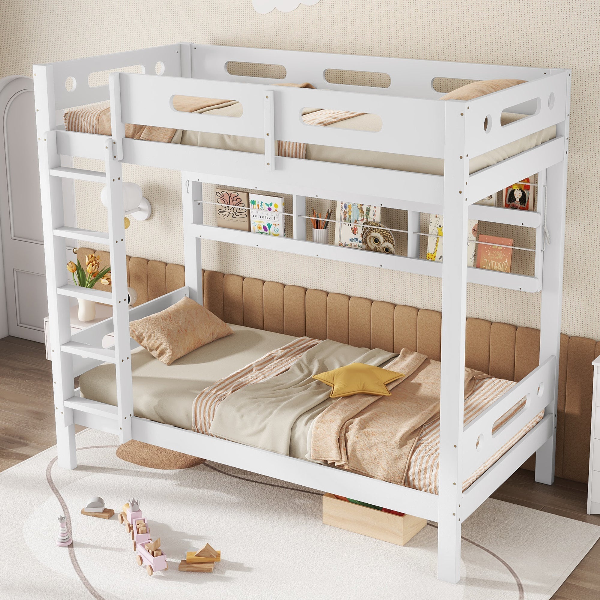 Bunk Bed, Children's with Safety Gate, Open Shelf, 5-Step Ladder, Pine + MDF White, 90x200cm