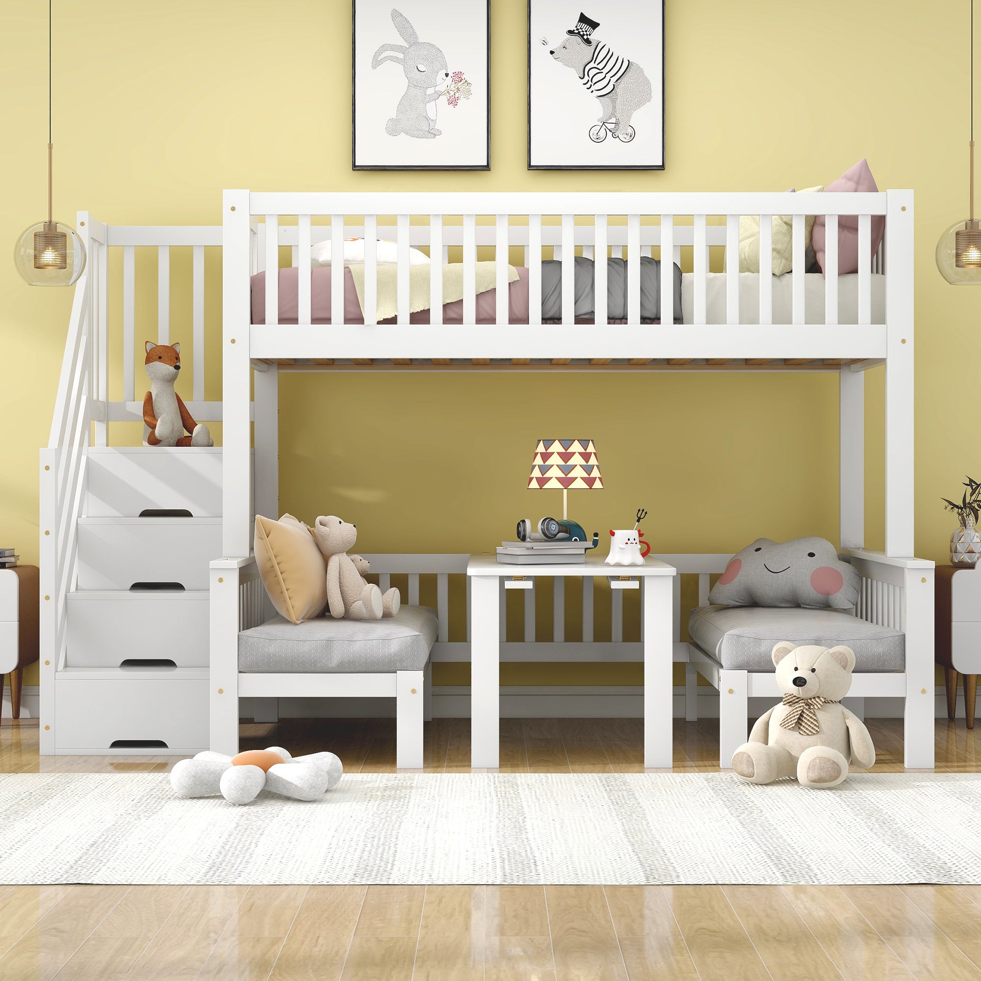 Bunk Bed, Multifunctional Height-Adjustable Table, Storage Ladder & Safety Railing, Pine + MDF + Plywood, White