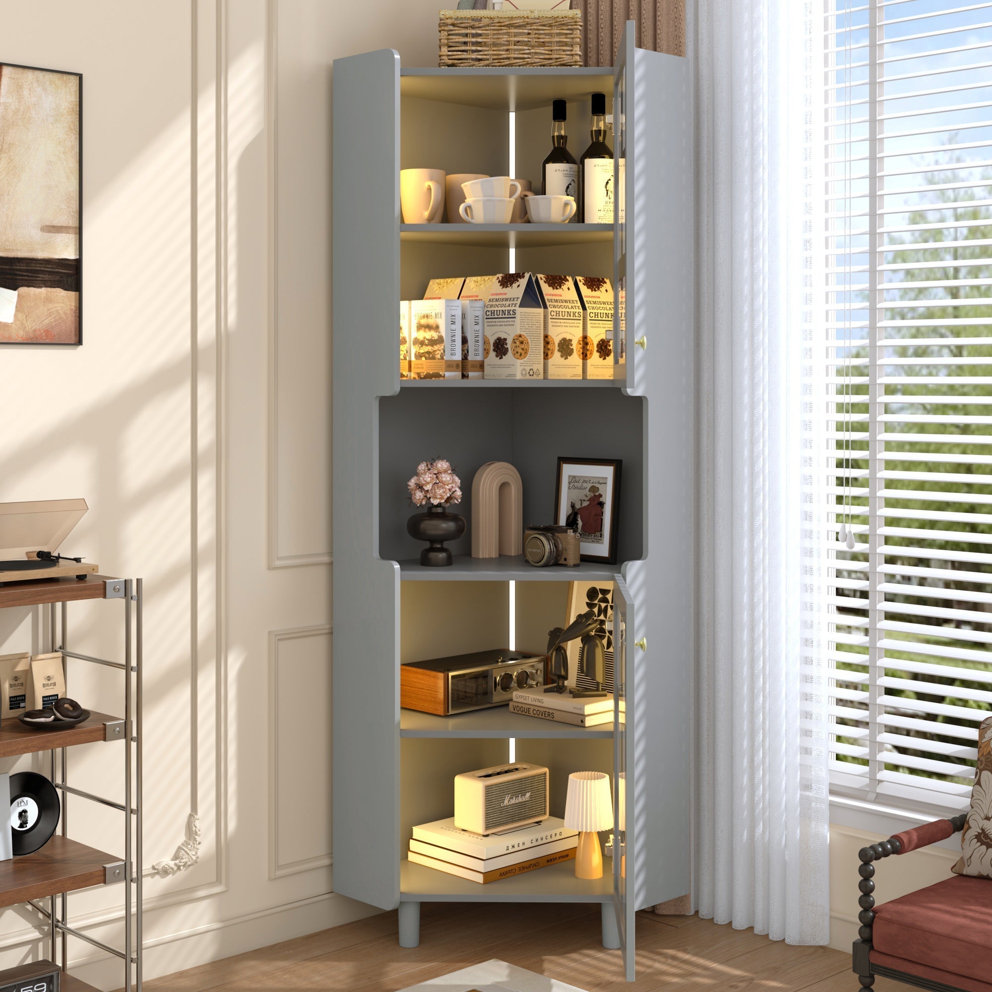 Corner Cabinet Multifunctional Storage LED Lacquer - Grey