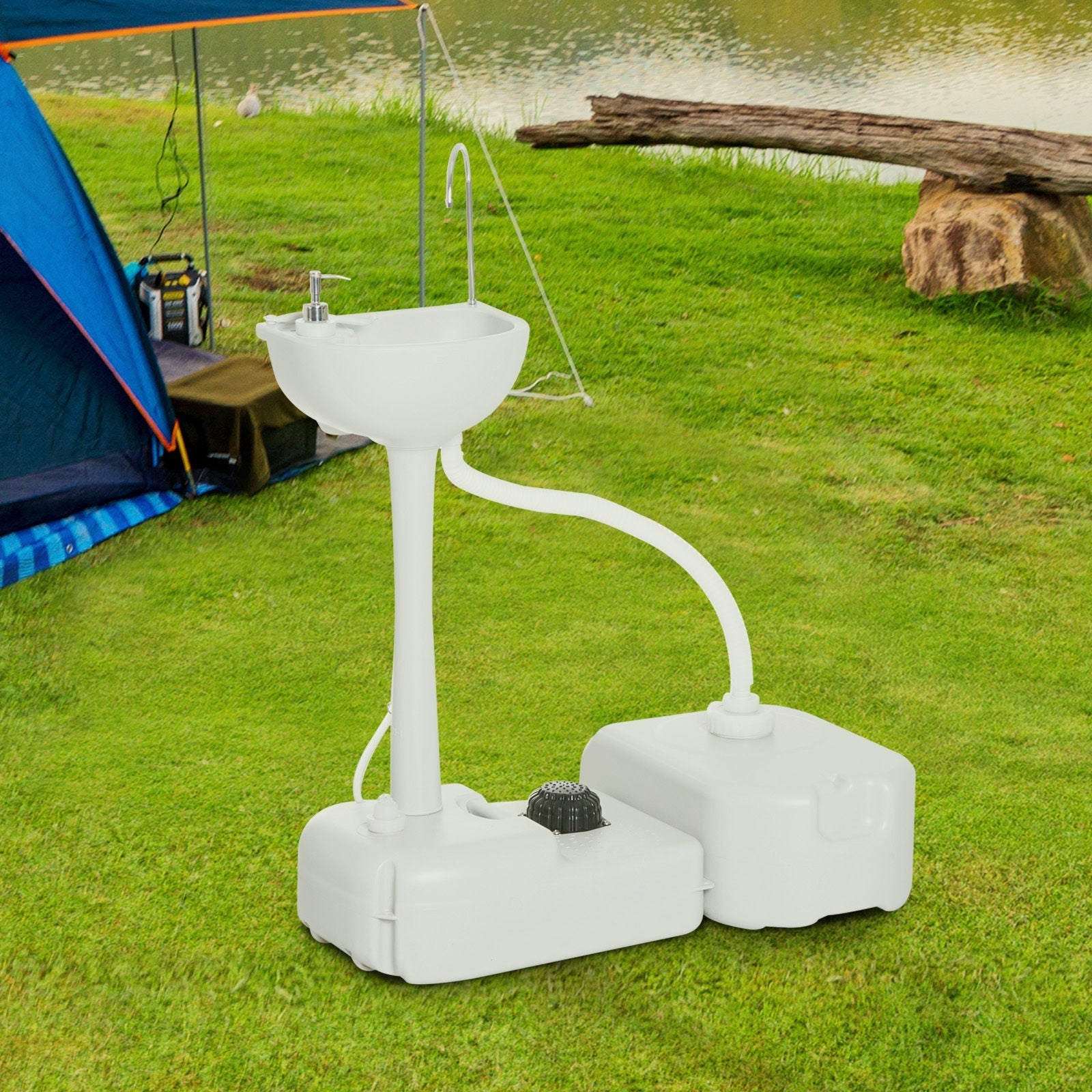 Camping Washbasin 17L Hand Sink Dispenser Outdoor Use, HDPE Light Grey