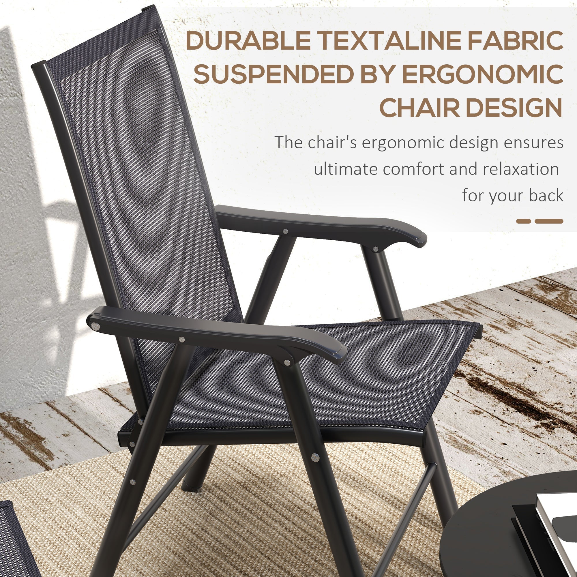 Set of Four Folding Garden Chairs, Portable and Space-Saving, Charcoal Grey