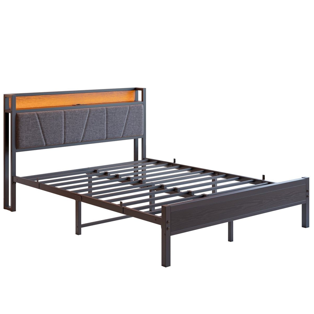 Bed Frame 140x200cm LED Headboard USB Charging - Metal Slats