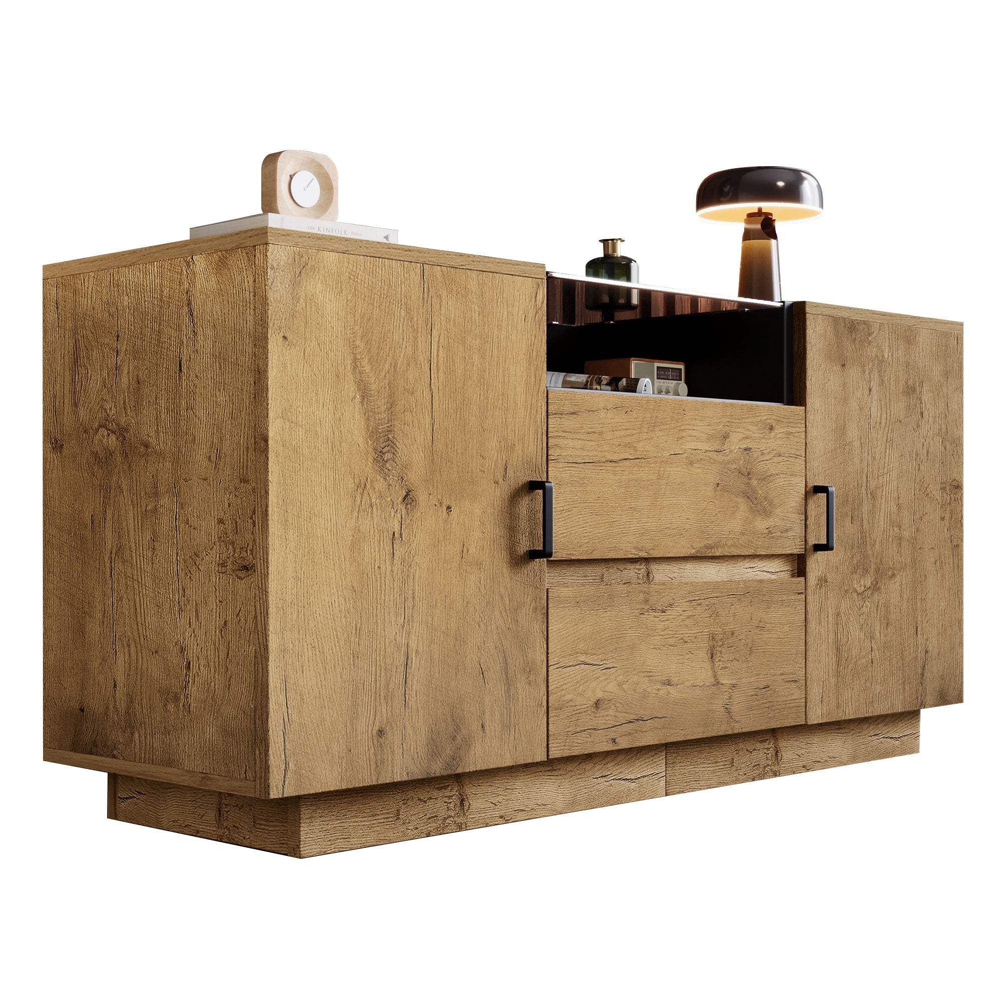 Chest of Drawers Sideboard, 2 Drawers, 2 Cabinets, Open Compartment, Oak-look with Black Handles