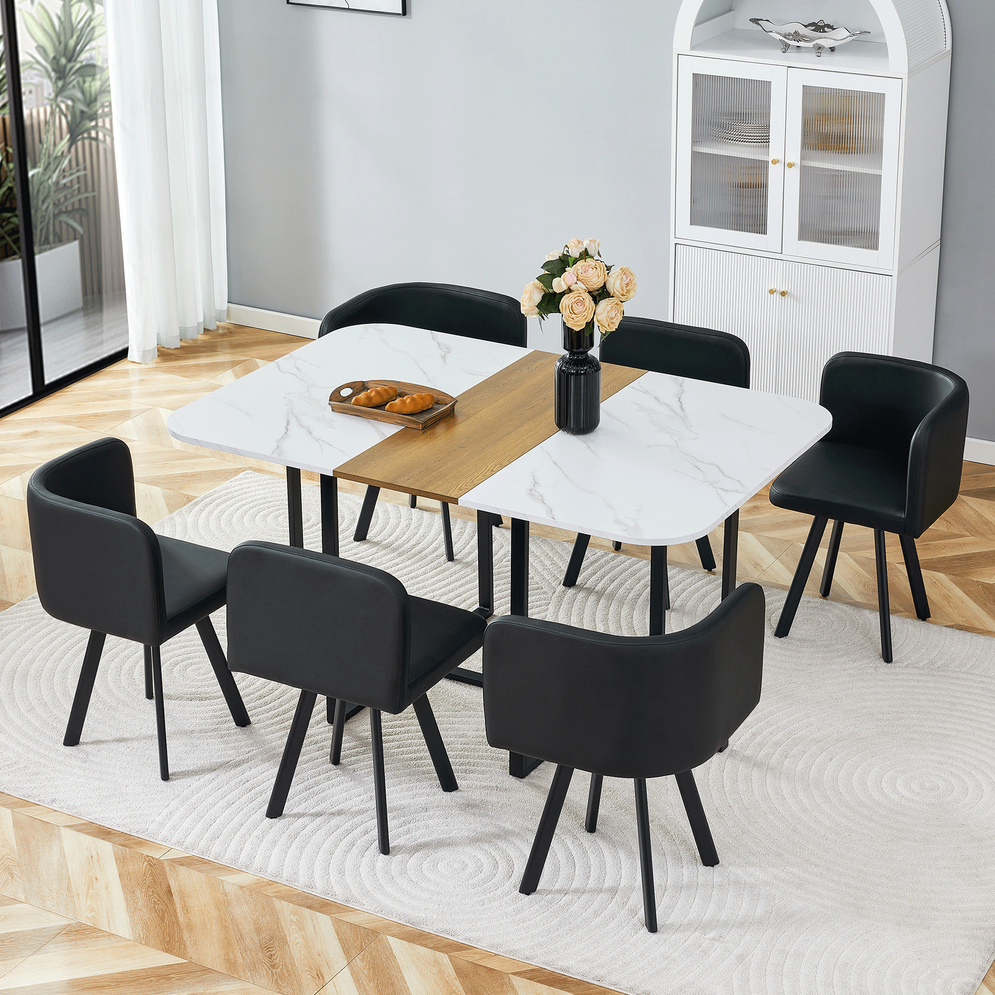 Dining Set Extendable Table & Folding Chairs - White/Black