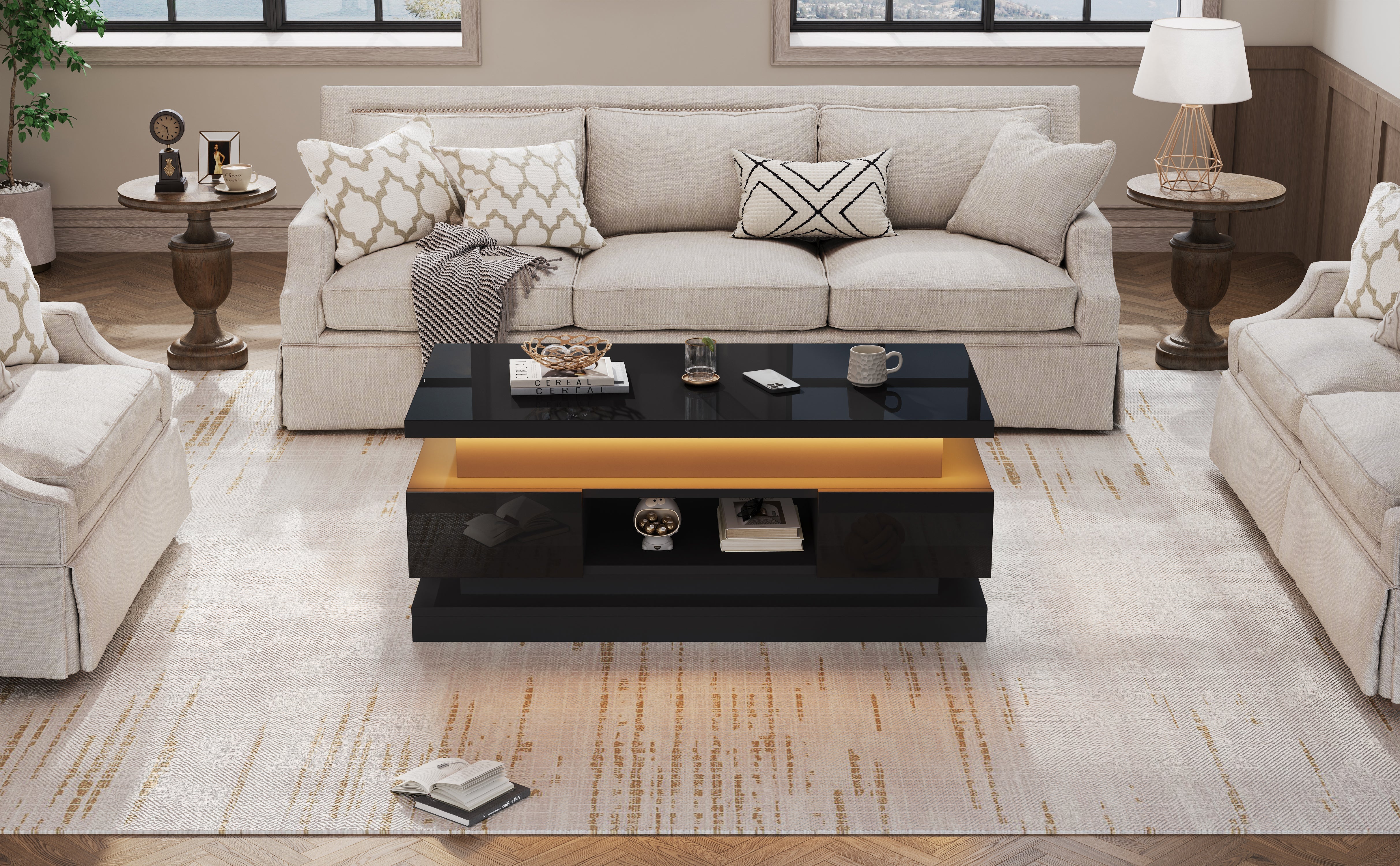 Lift-Top Coffee Table High-Gloss with LED Lighting 2 Drawers Hidden Storage Black Chipboard