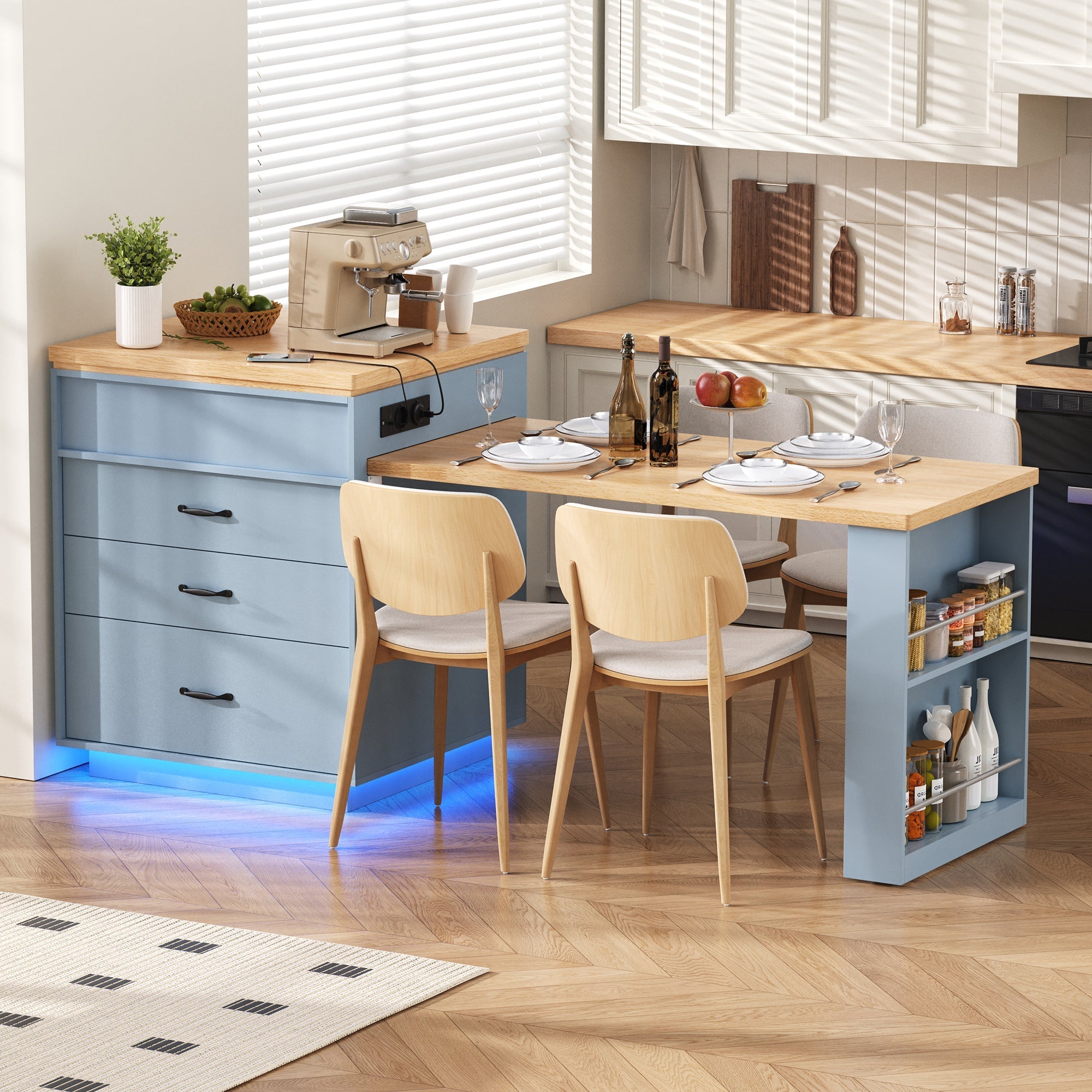 Kitchen Island Extendable Dining Table with LED & Power Strips - Blue
