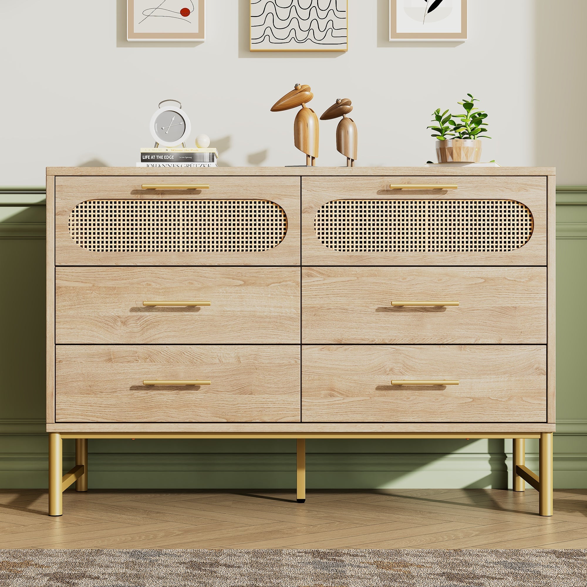 Rattan Sideboard, 6 Drawers Dresser Dressing Table, Sonoma Oak