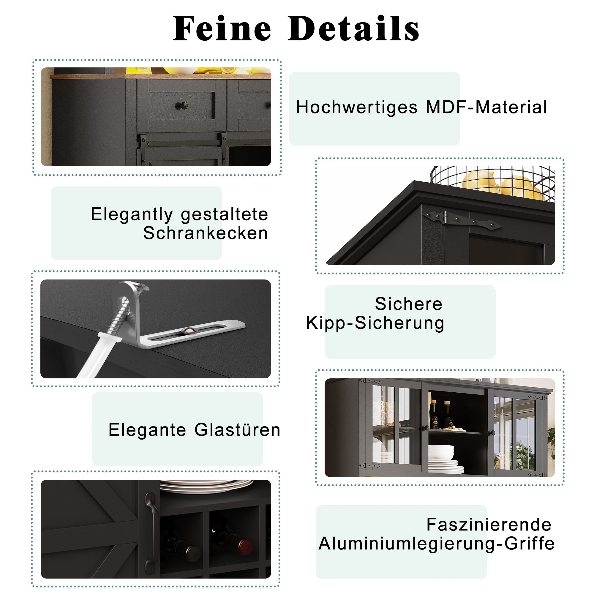 Tall Kitchen Cabinet with LED Lighting and Adjustable Shelves, Black