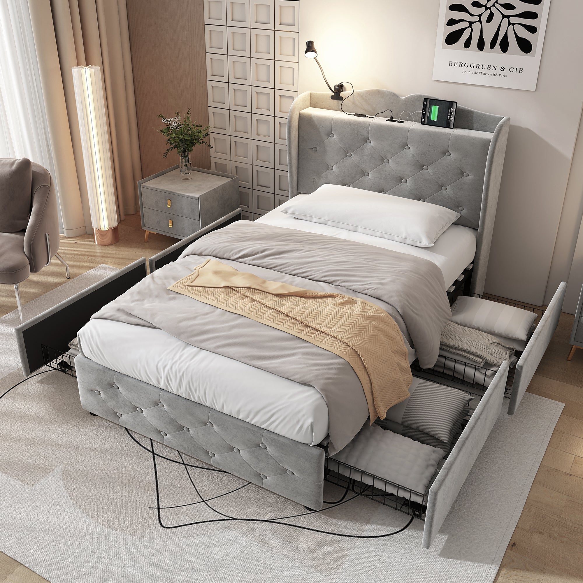 Upholstered Storage Bed, 3FT Single 90x190cm with 4 Drawers, Lamp, USB-A & USB-C Ports, Durable, Velvet Grey