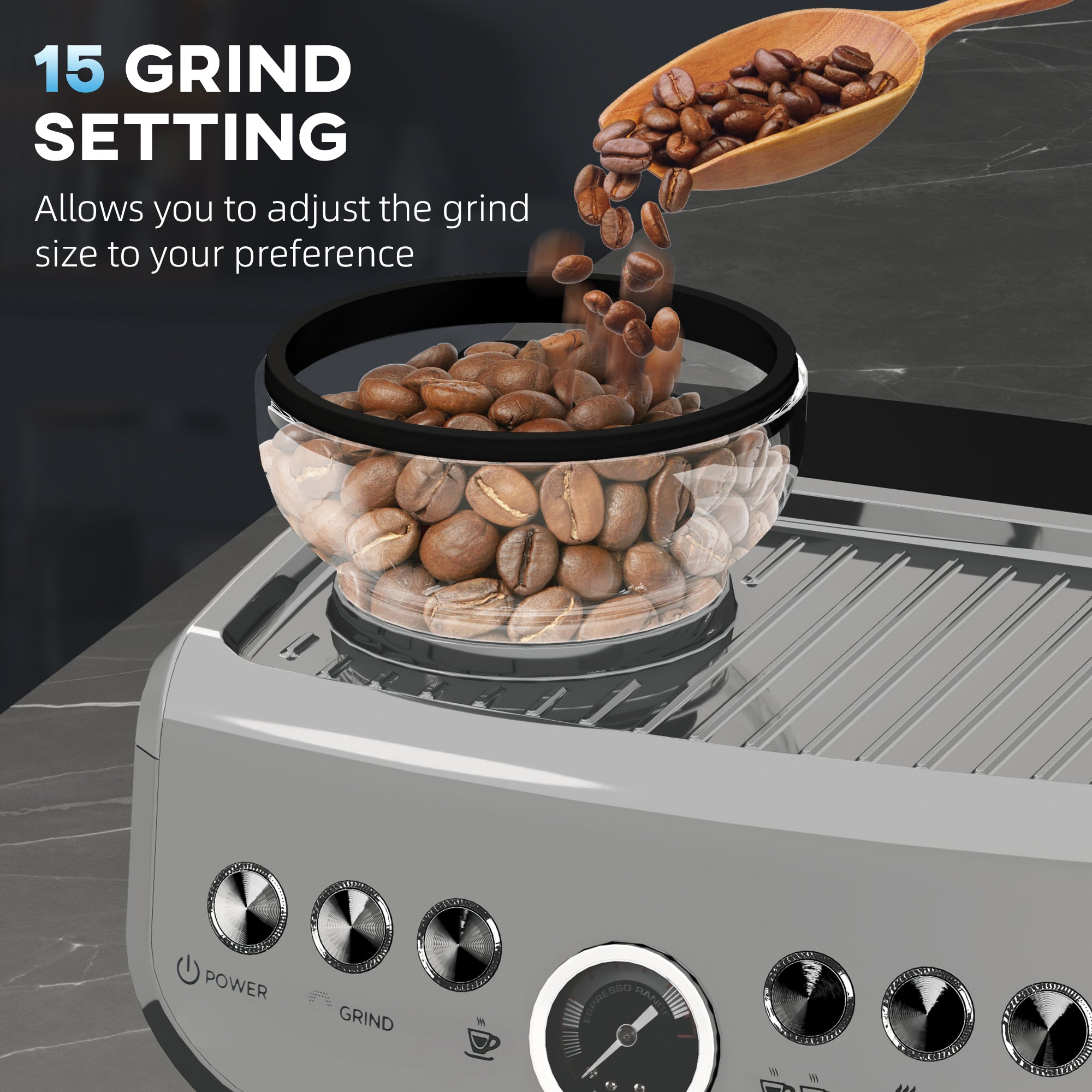 15 Bar Coffee Machine, Adjustable Grind Steamer, Silver