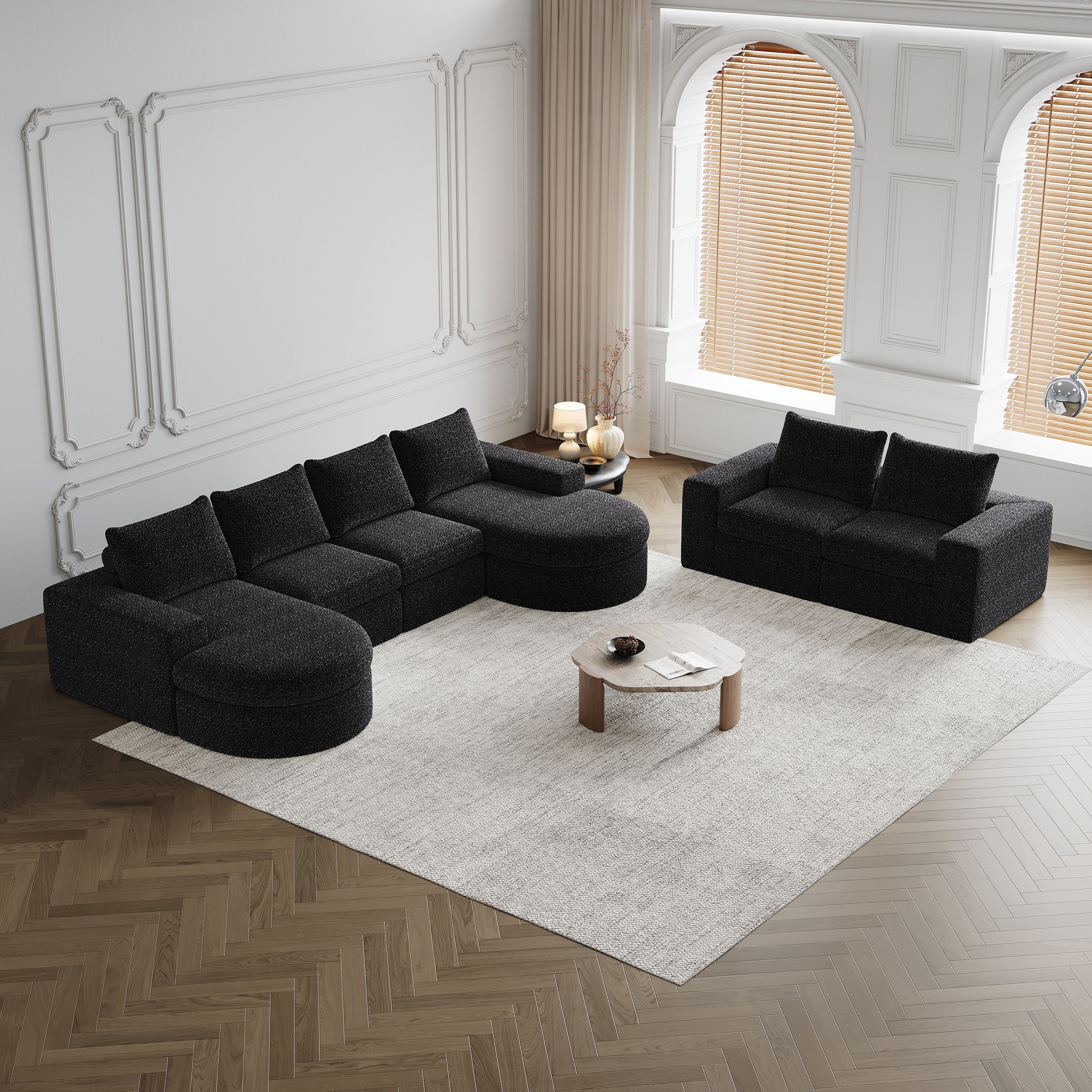 Chenille Sofa - Curved Elements, L-Lounger, Two-Piece Set