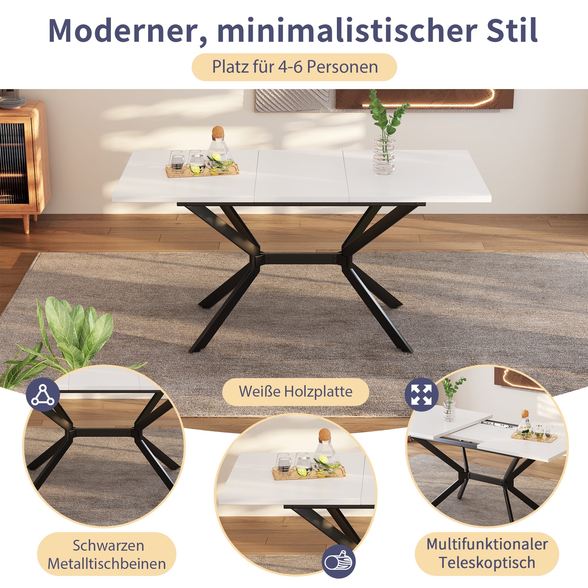 Extendable Dining Table, Rectangular Seating for 4-6 People, White and Black Metal