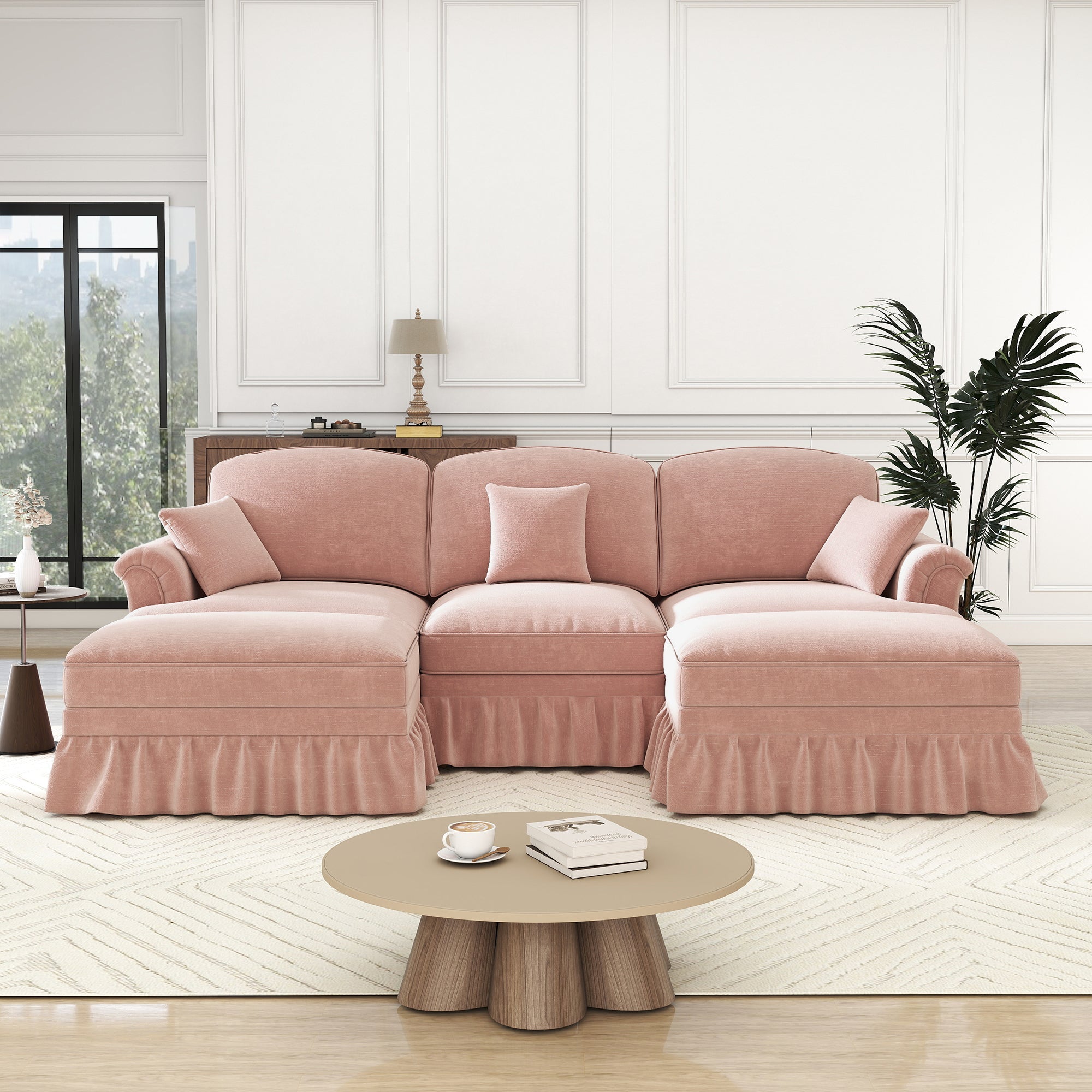 Modular U-Shaped Chenille Sofa, Movable Ottoman, Ruffled Apron - Pink