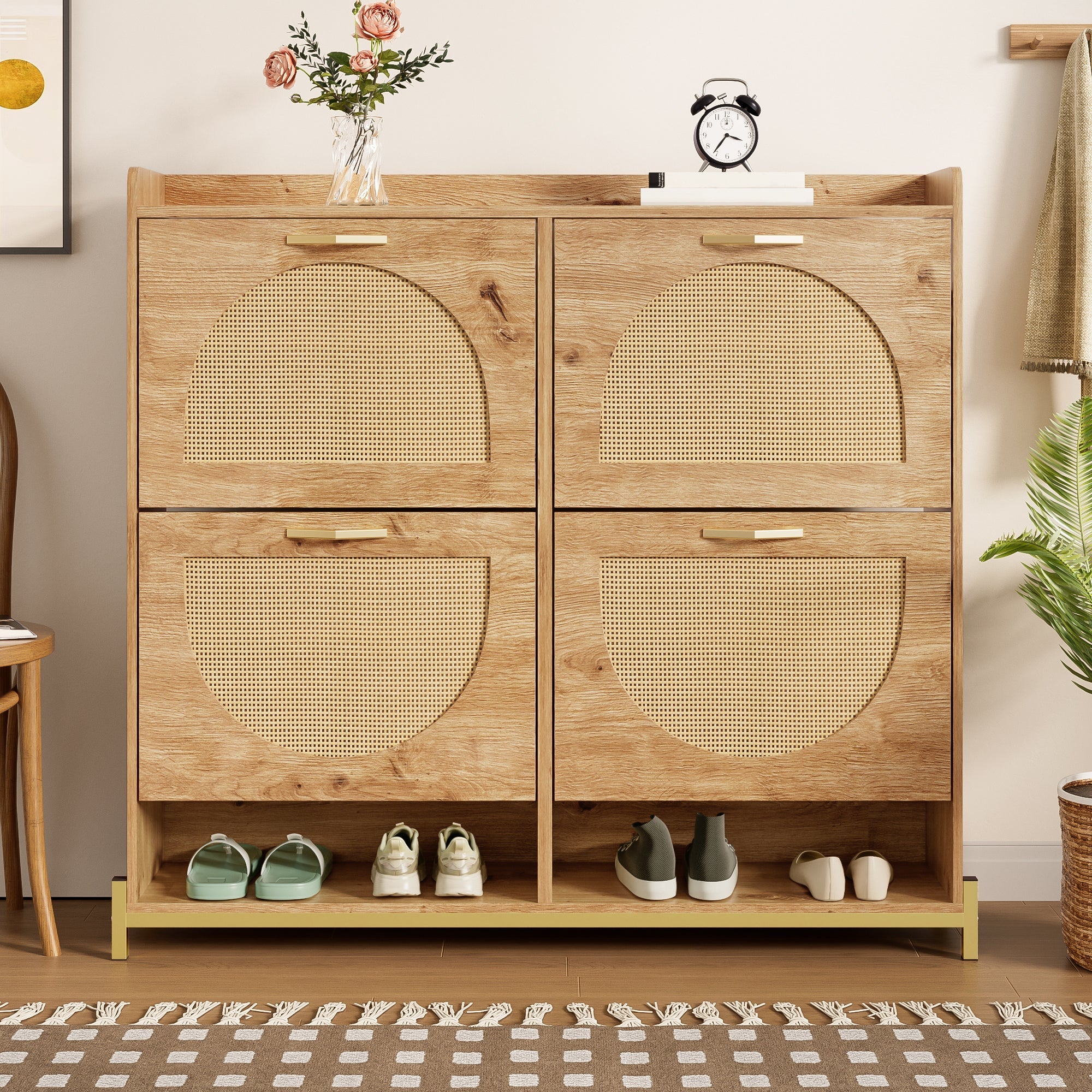Elegant Shoe Cabinet 4 Doors Metal Frame Top Shelf Wooden Rattan