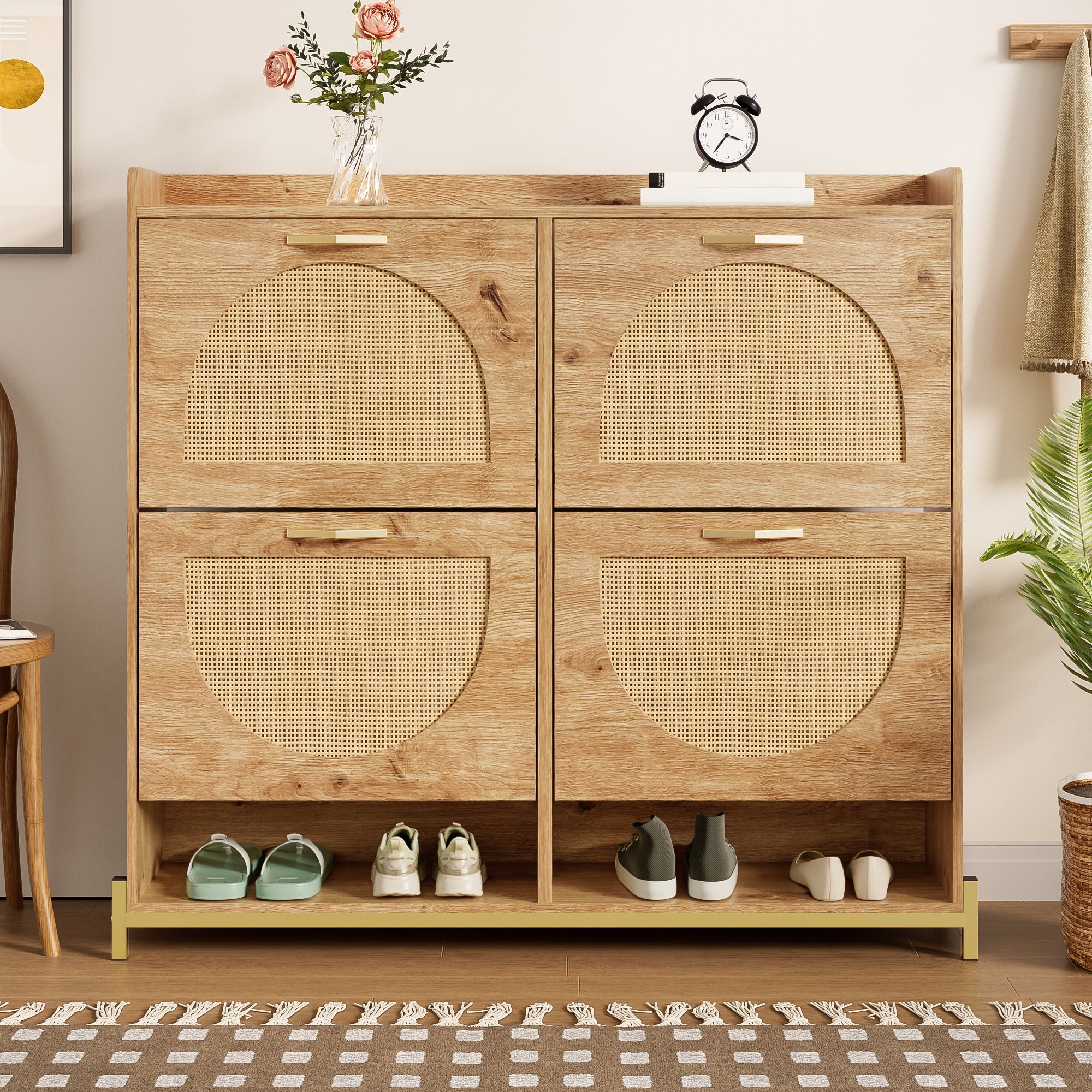 Shoe Cabinet, 4 Doors Metal Frame Top Shelf, Wooden Rattan