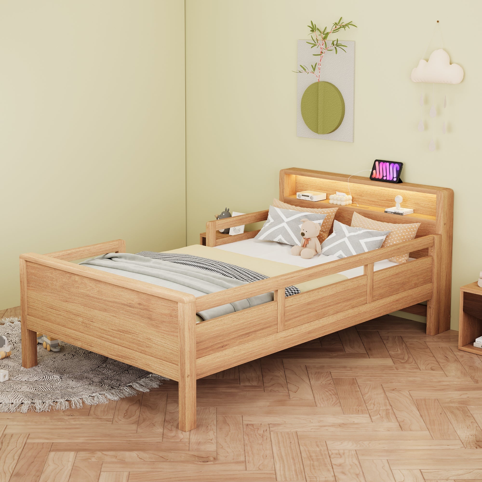 Wooden Bed, 90x200cm USB/Type-C, LED Light, Storage Headboard, Pinewood