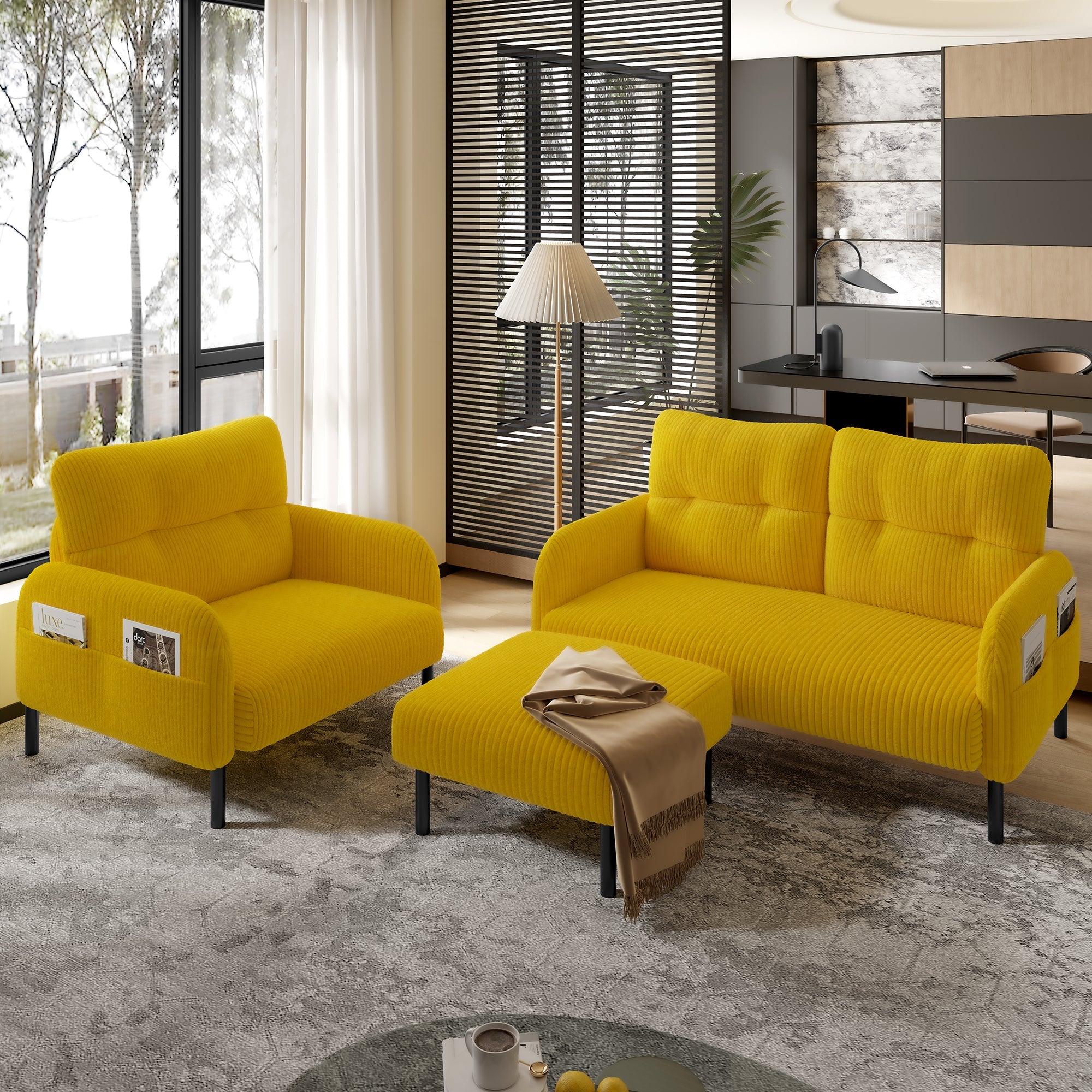 Cord Modular 3-Piece Sofa Set, Armchair Footstool 2-Seater, Deep Seat Tubular Steel Frame, Mustard Yellow