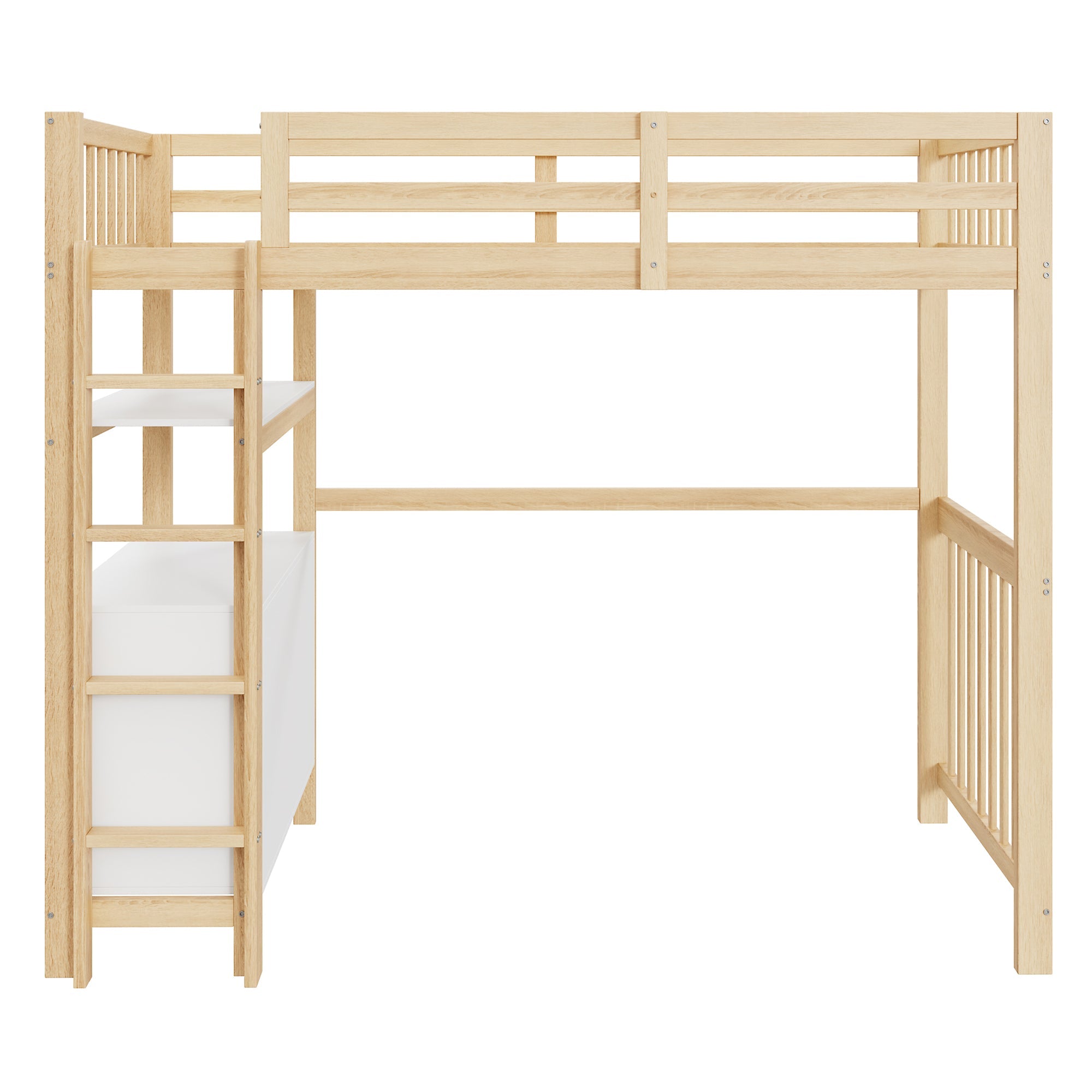 Loft Bed 90*200cm with Ladder, Drawers, Shelves, Pinewood, White & Wood
