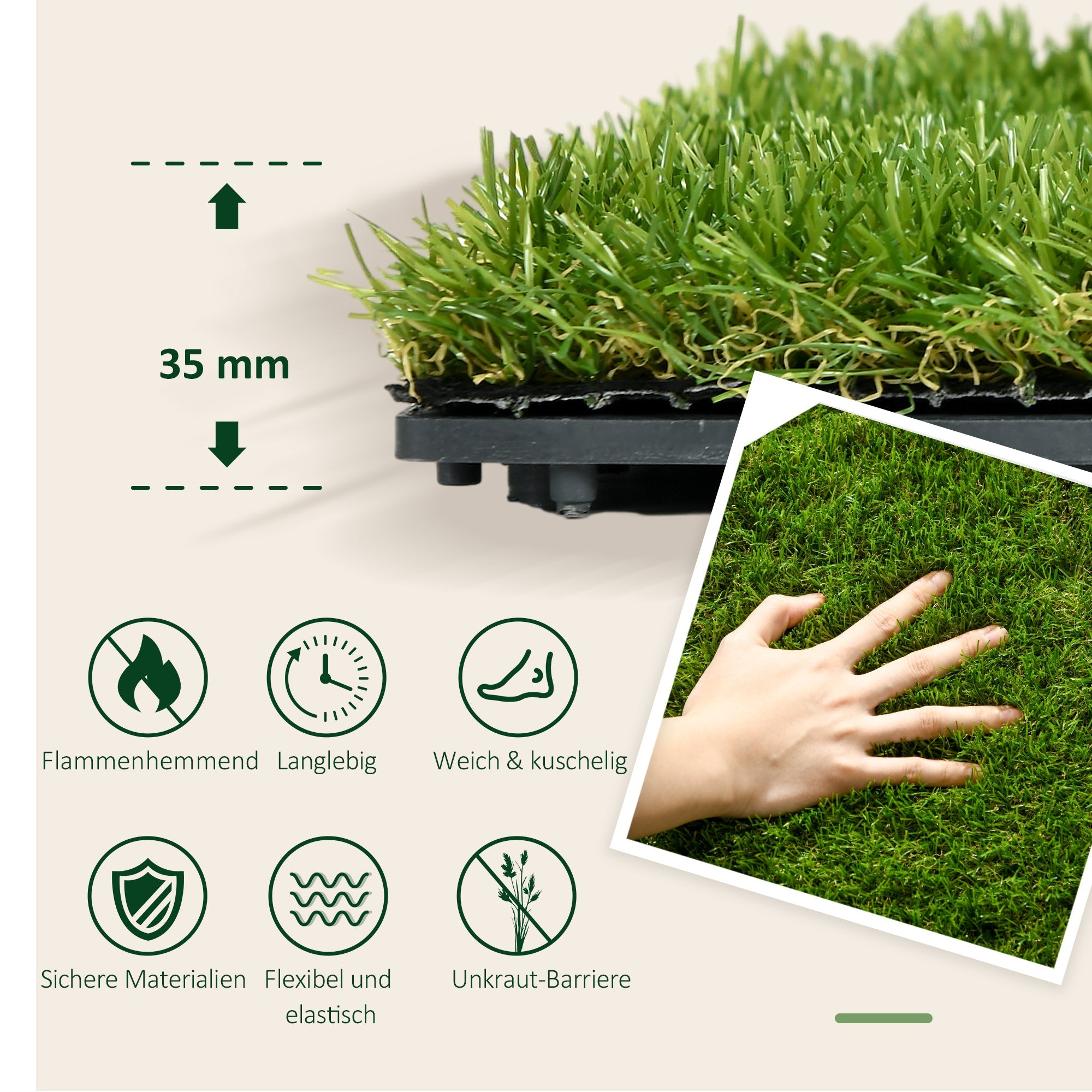 Artificial Grass Tiles, 10 Pieces 30x30cm 25mm Durable Easy Care, Dark Green Plastic
