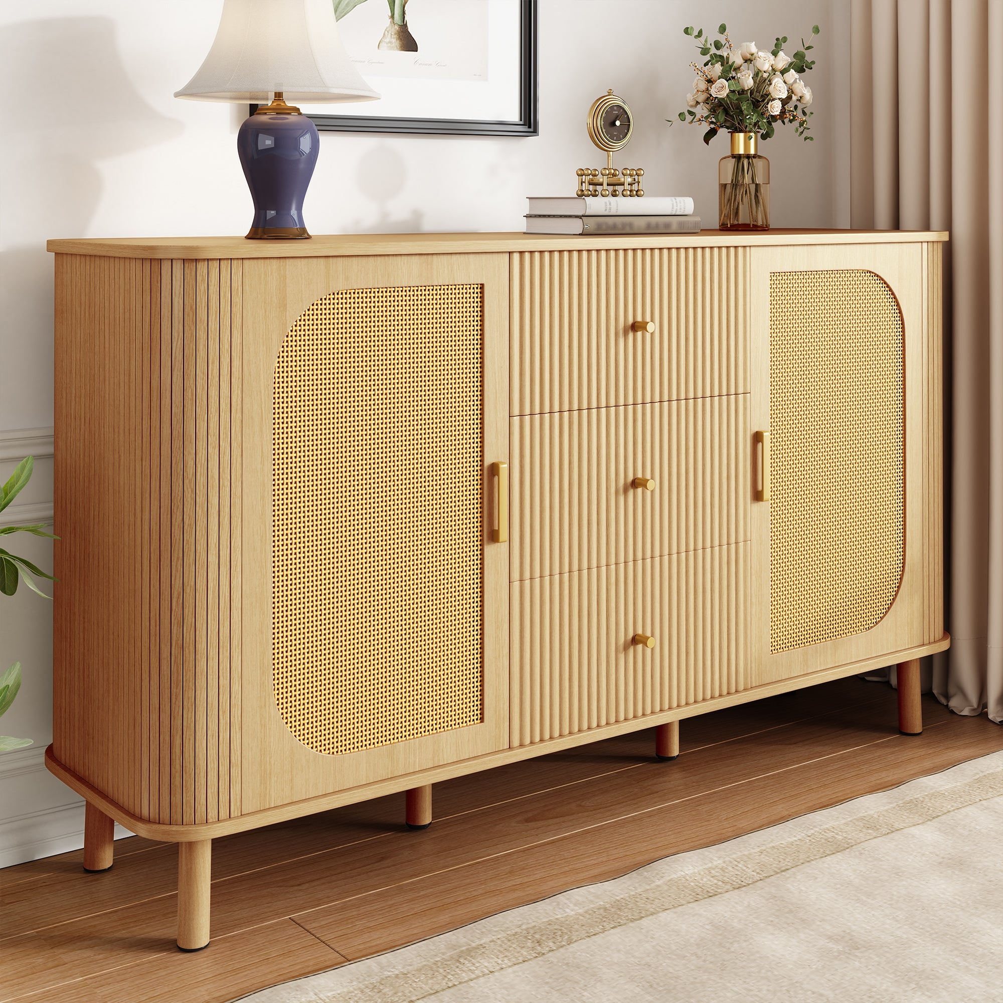 Sideboard, Drawers Shelves Metal Legs, Wood Look