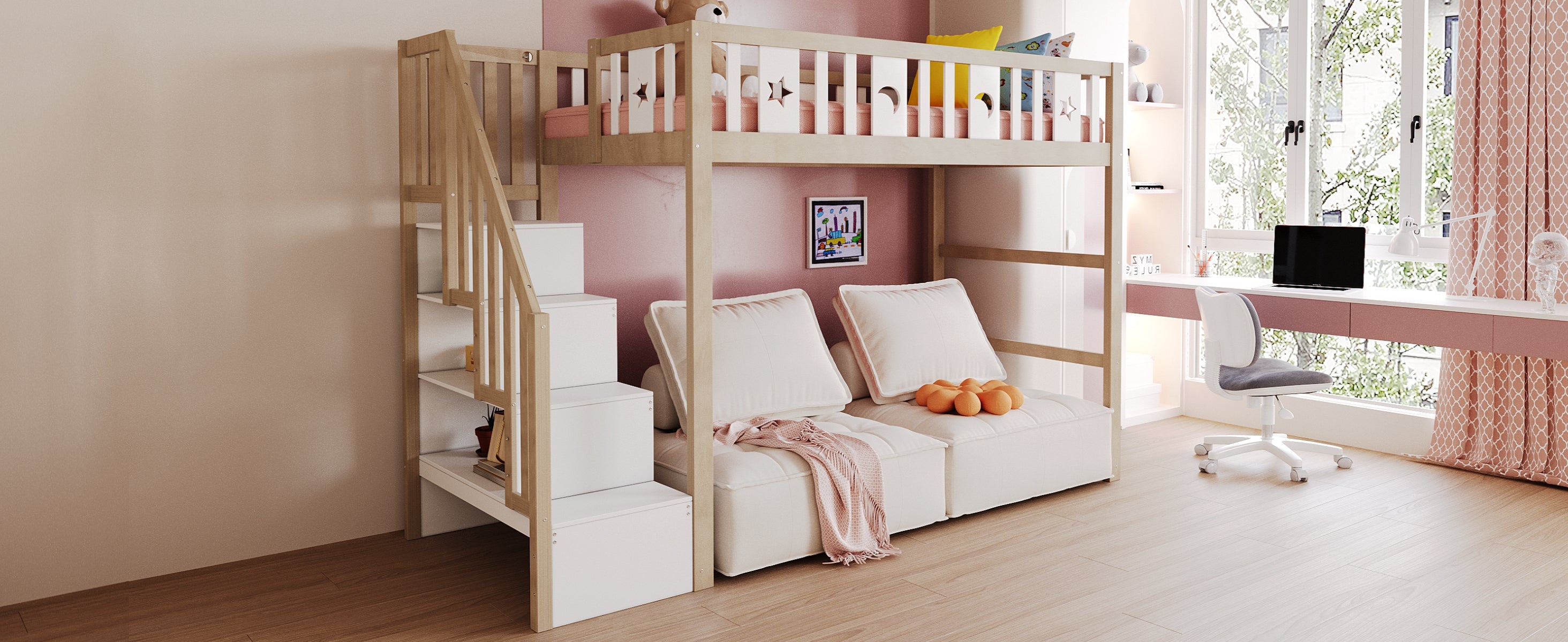 Children's Loft Bed 90*200, Storage Climbing Ladder & Safety Rails, Solid Wood