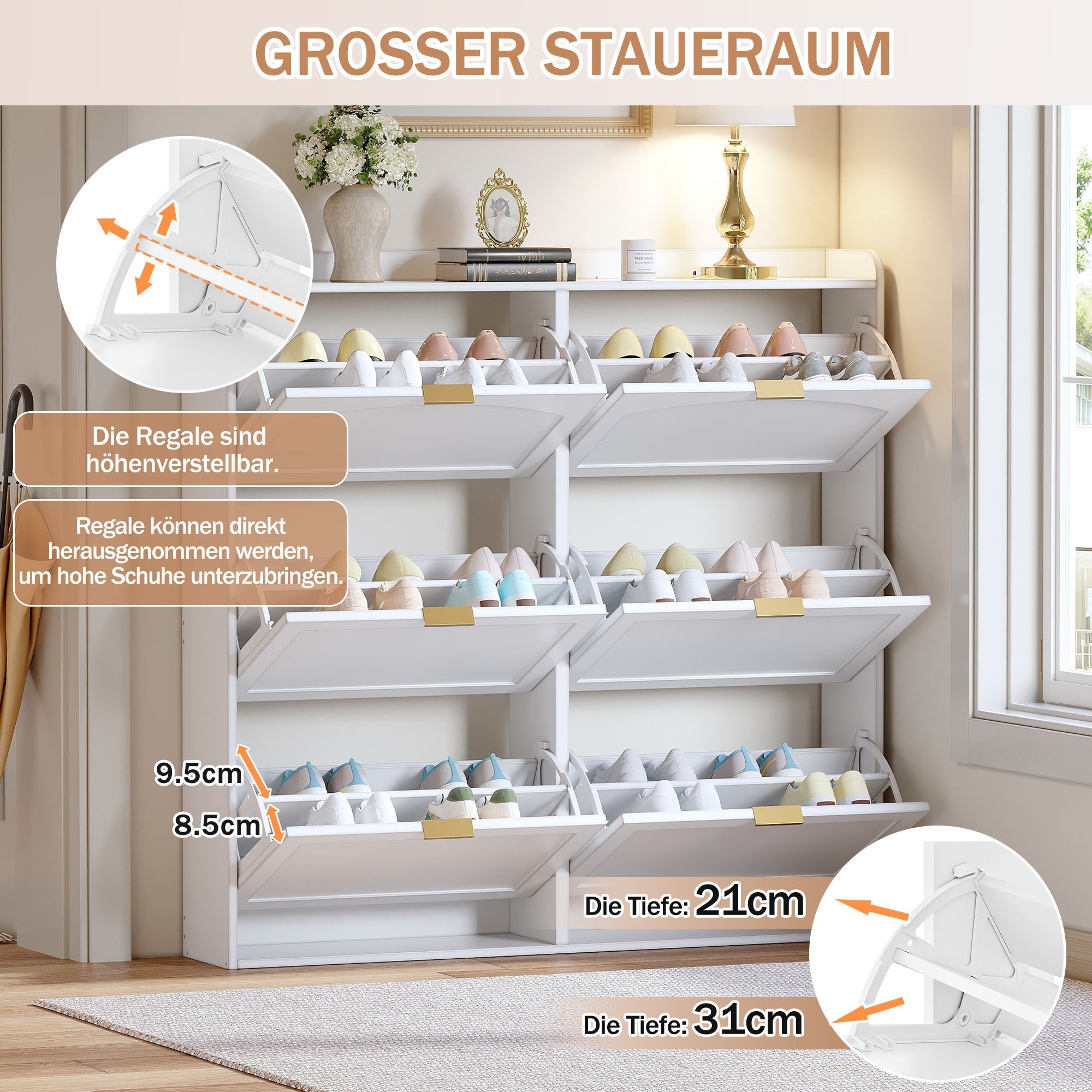 Space-Saving Tall Shoe Cabinet 6 Drop-Down Compartments Freestanding White