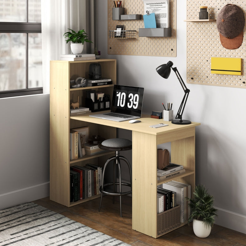 120cm Computer Desk with 6-Tier Storage Bookshelves, Natural Wood