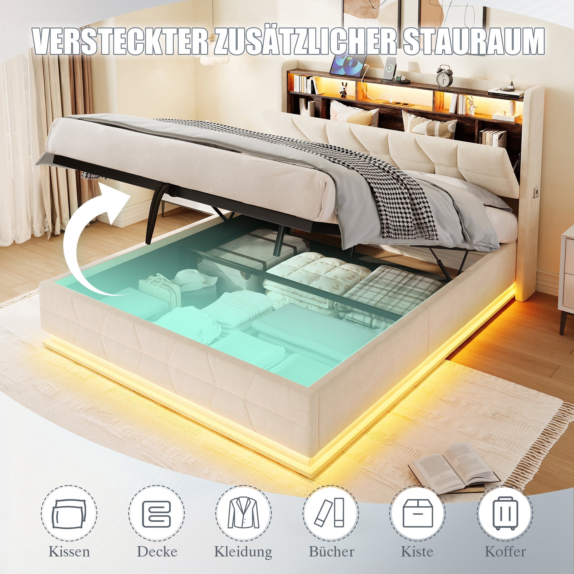 Multifunctional Bed with LED Lighting and USB Charging Station, 140x190cm, Beige